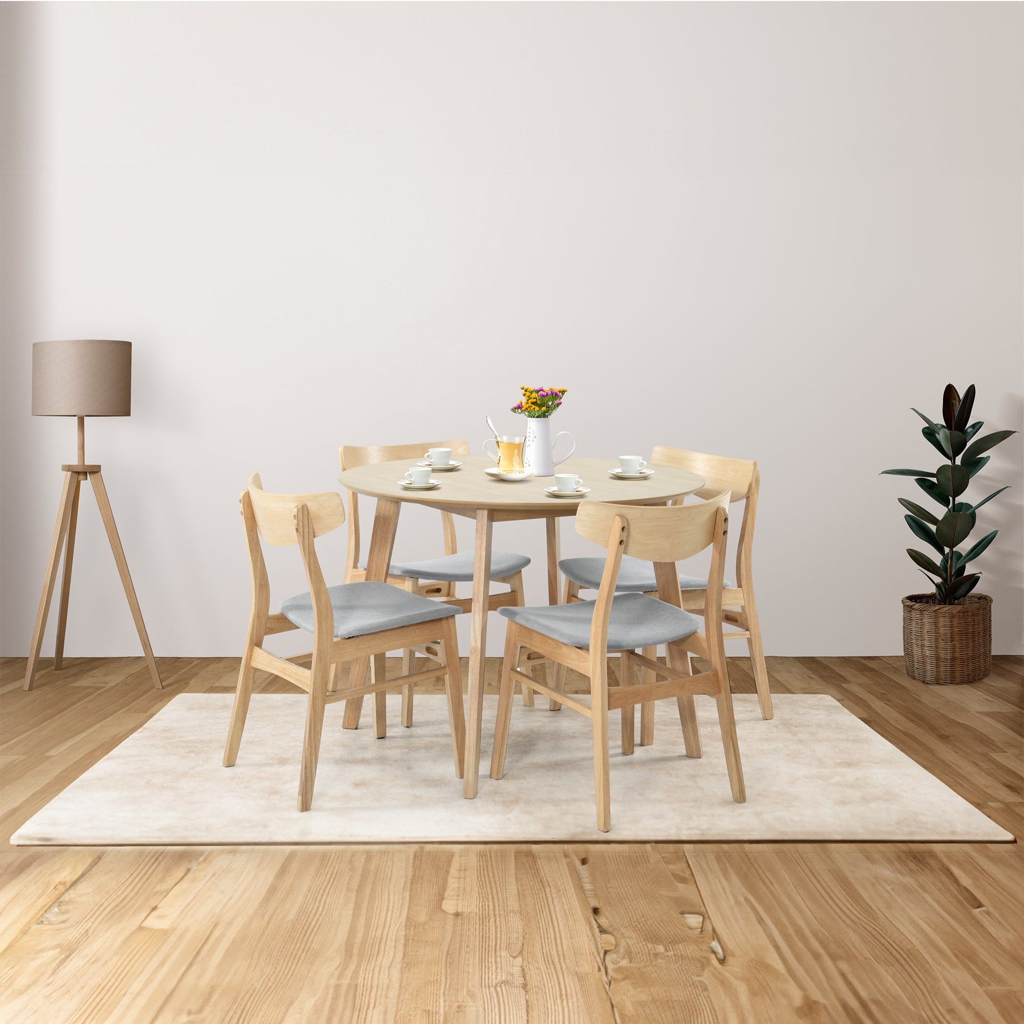 Round MDF Dining Table & 4 Fabric Chairs Set, Scandinavian