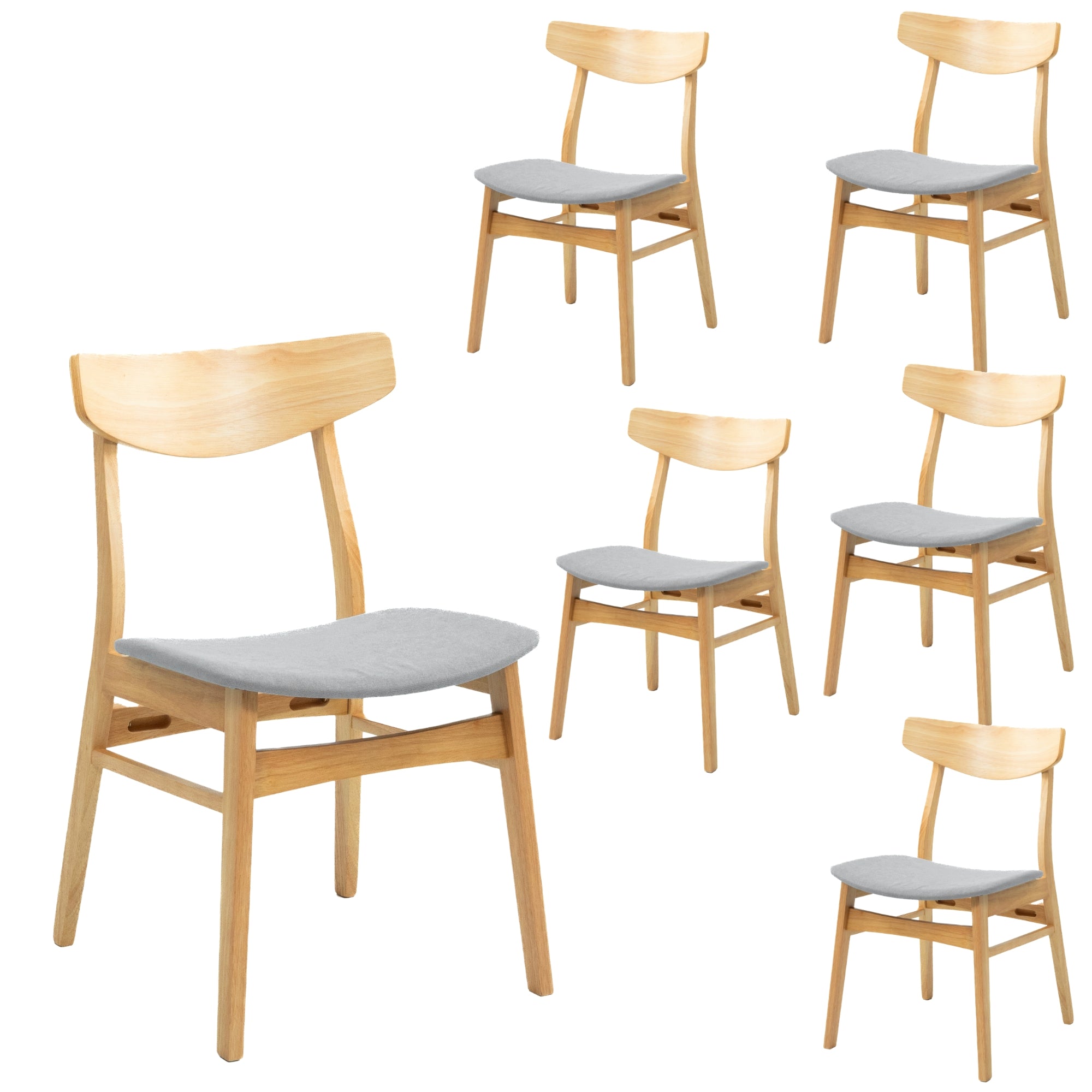 6pc Rubberwood Veneer Dining Chairs, Fabric Seat, Scandinavian Style