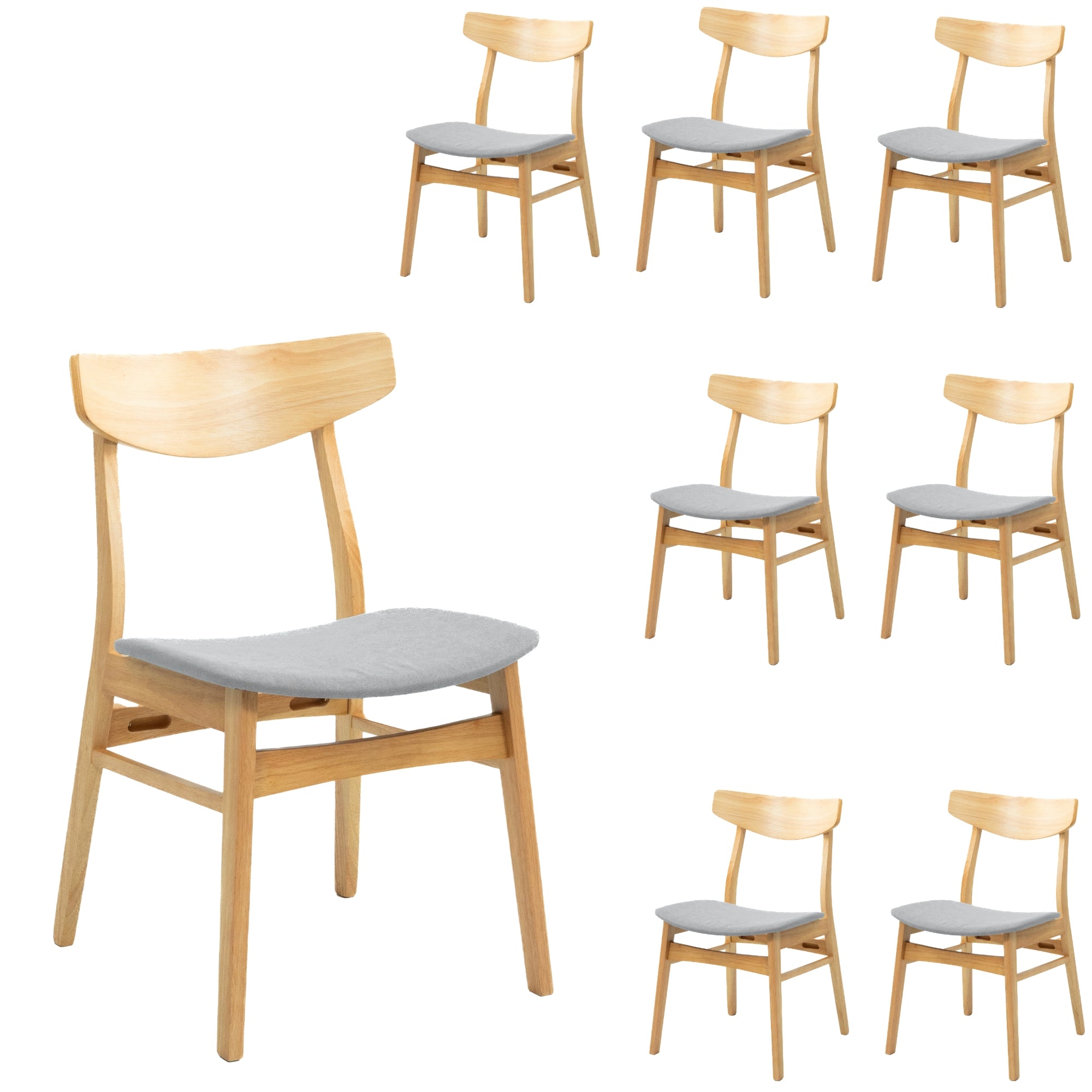 8pc Natural Rubberwood Dining Chairs, Fabric Seat, Scandinavian