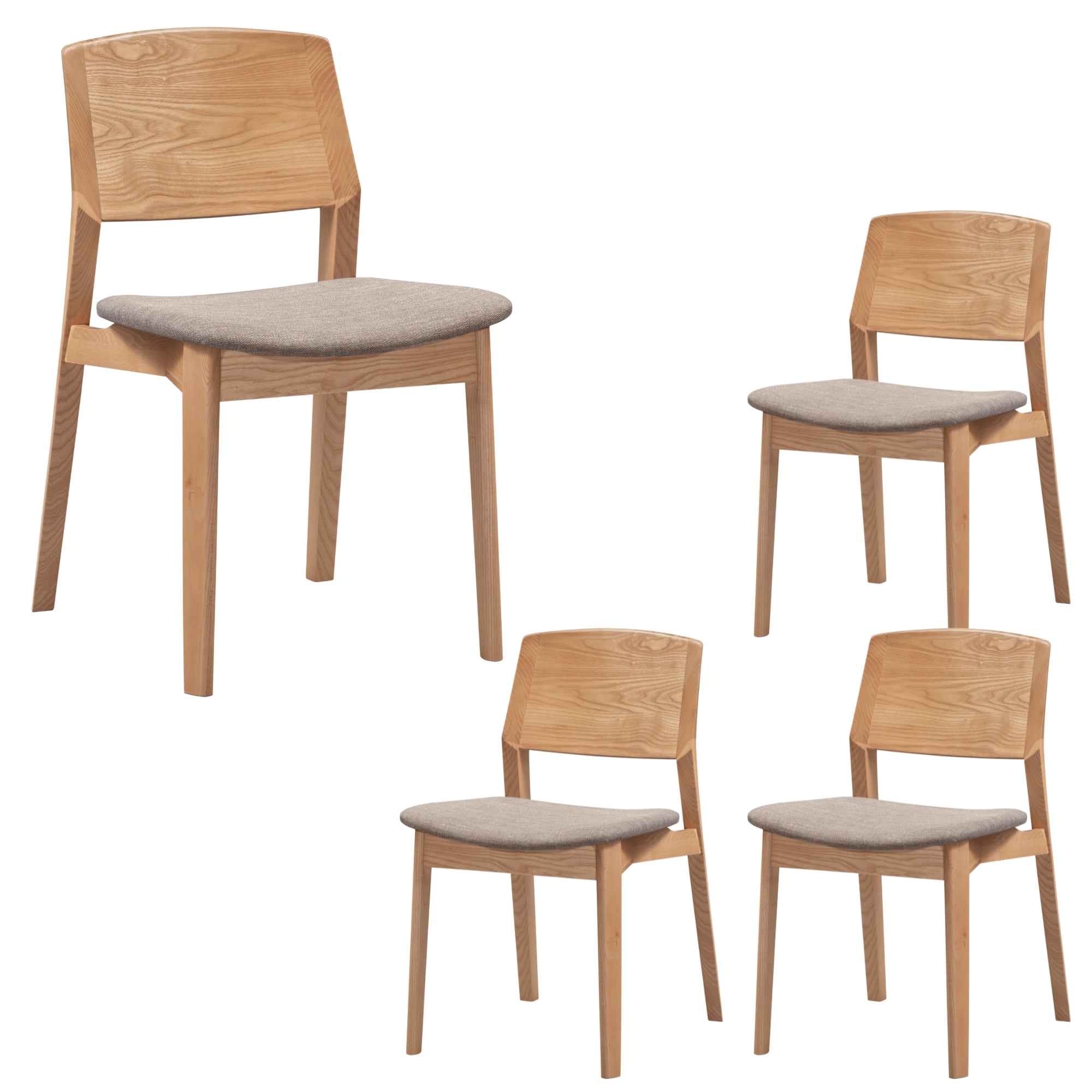 4pc Solid Ash Wood Dining Chairs, Grey Fabric, Oak Frame