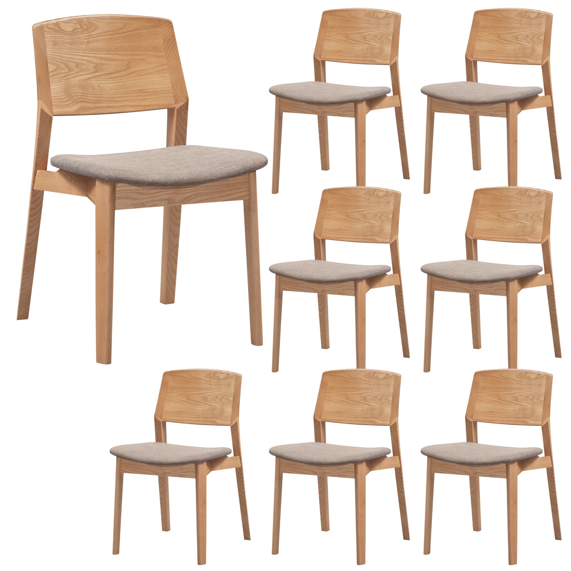 8pc Solid Ash Wood Dining Chairs, Grey Fabric Upholstery