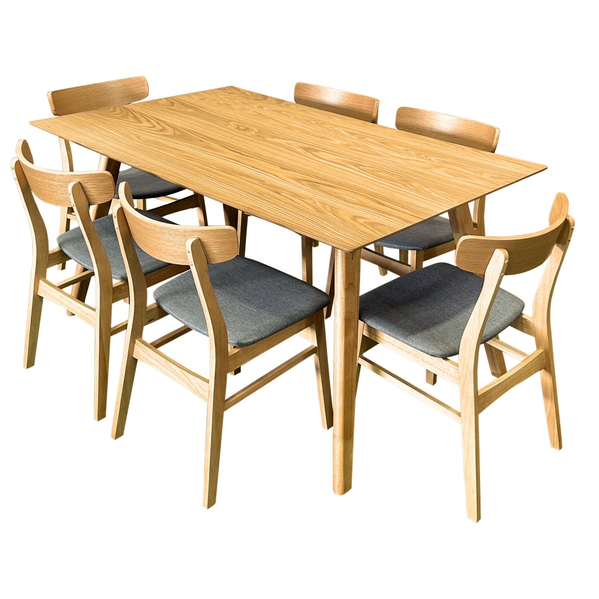 7pc Natural Oak Dining Set, Solid Wood, Fabric Chairs