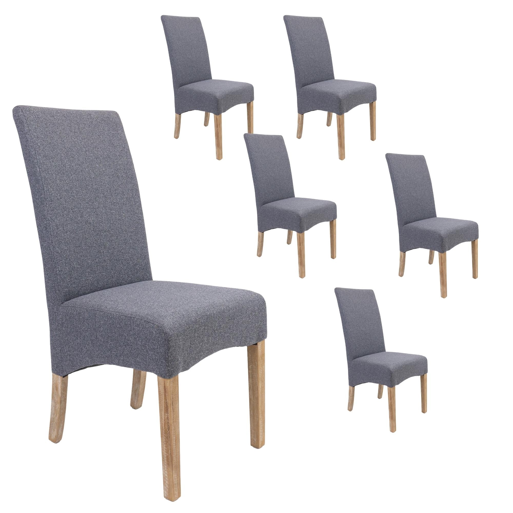 Set of 6 Grey Fabric Dining Chairs, Rubberwood Legs