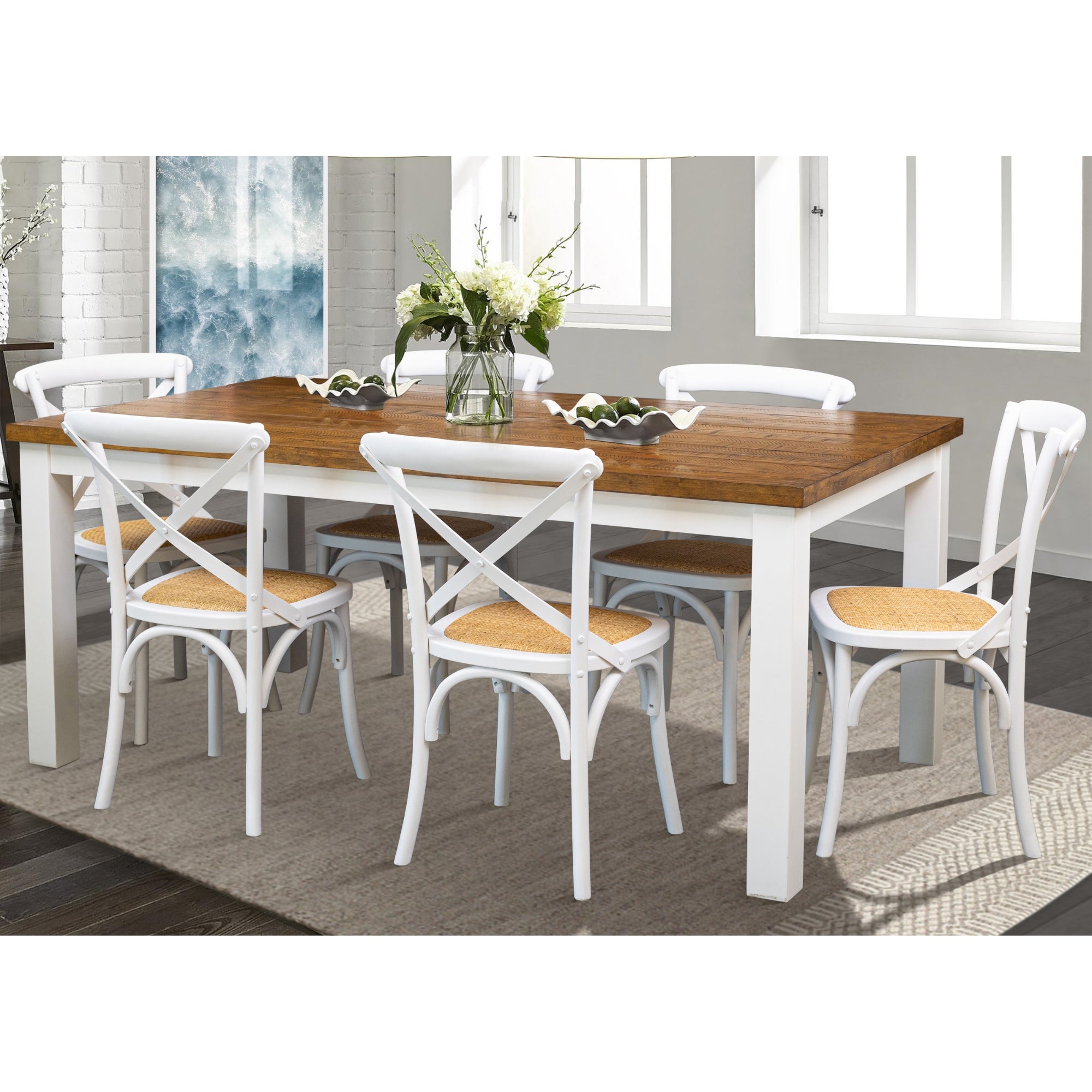 Eco-Friendly 7pc Dining Set, Solid Acacia Wood Table, Crossback Chairs