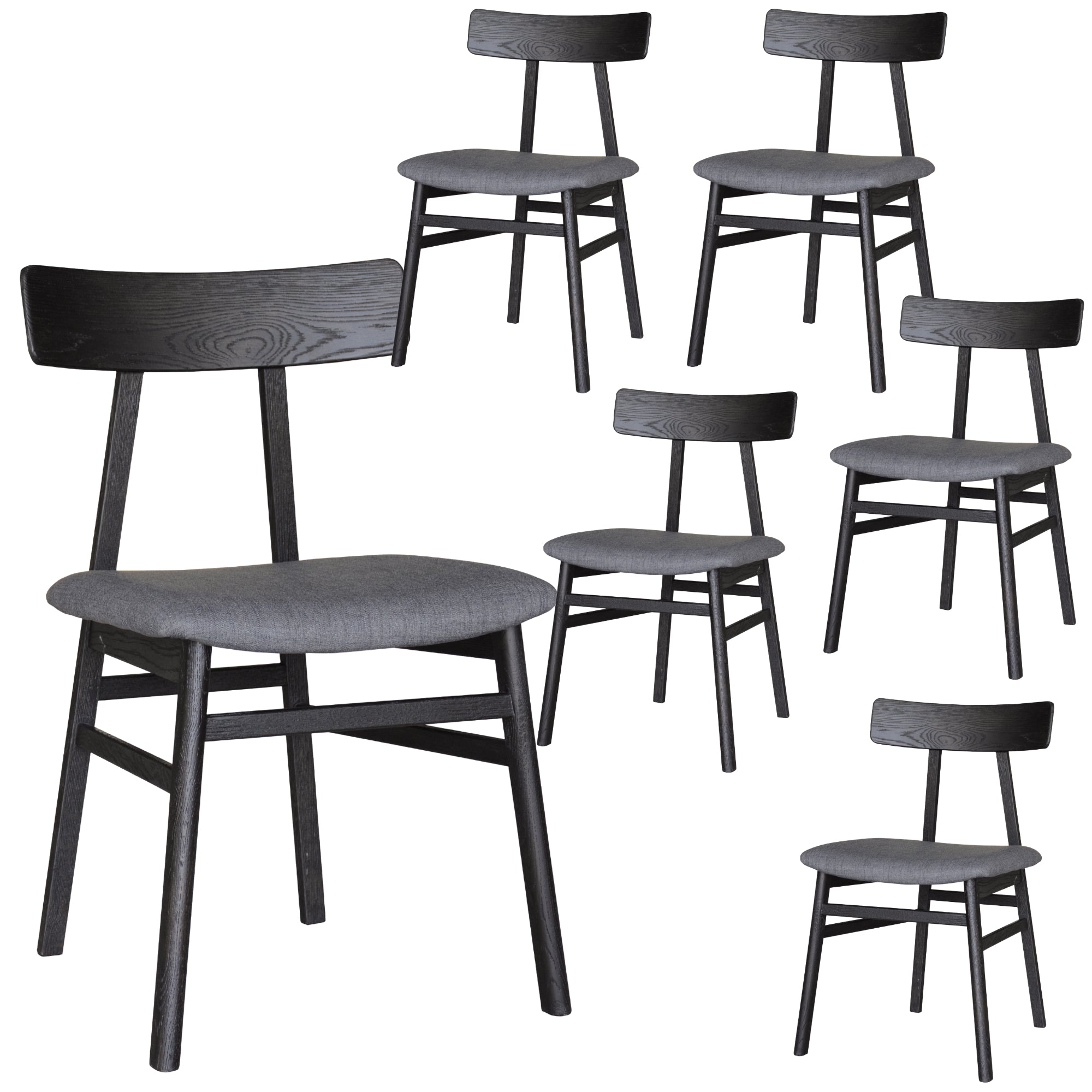 6pc Black Oak Dining Chairs Set Fabric Seat Industrial Style