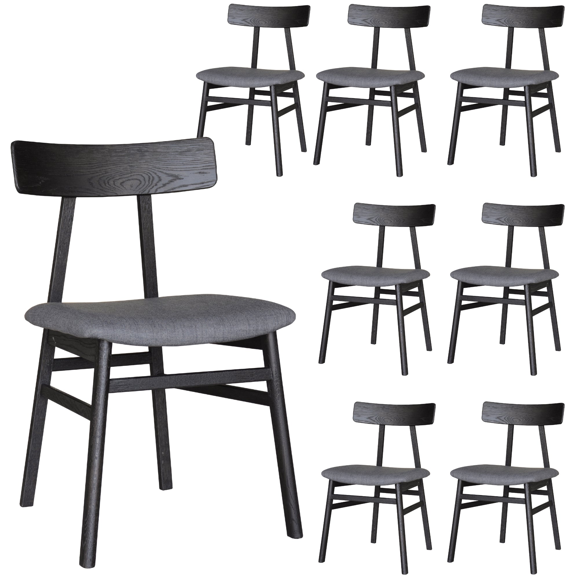 8pc Black Industrial Solid Oak Dining Chair Set, Fabric Seat