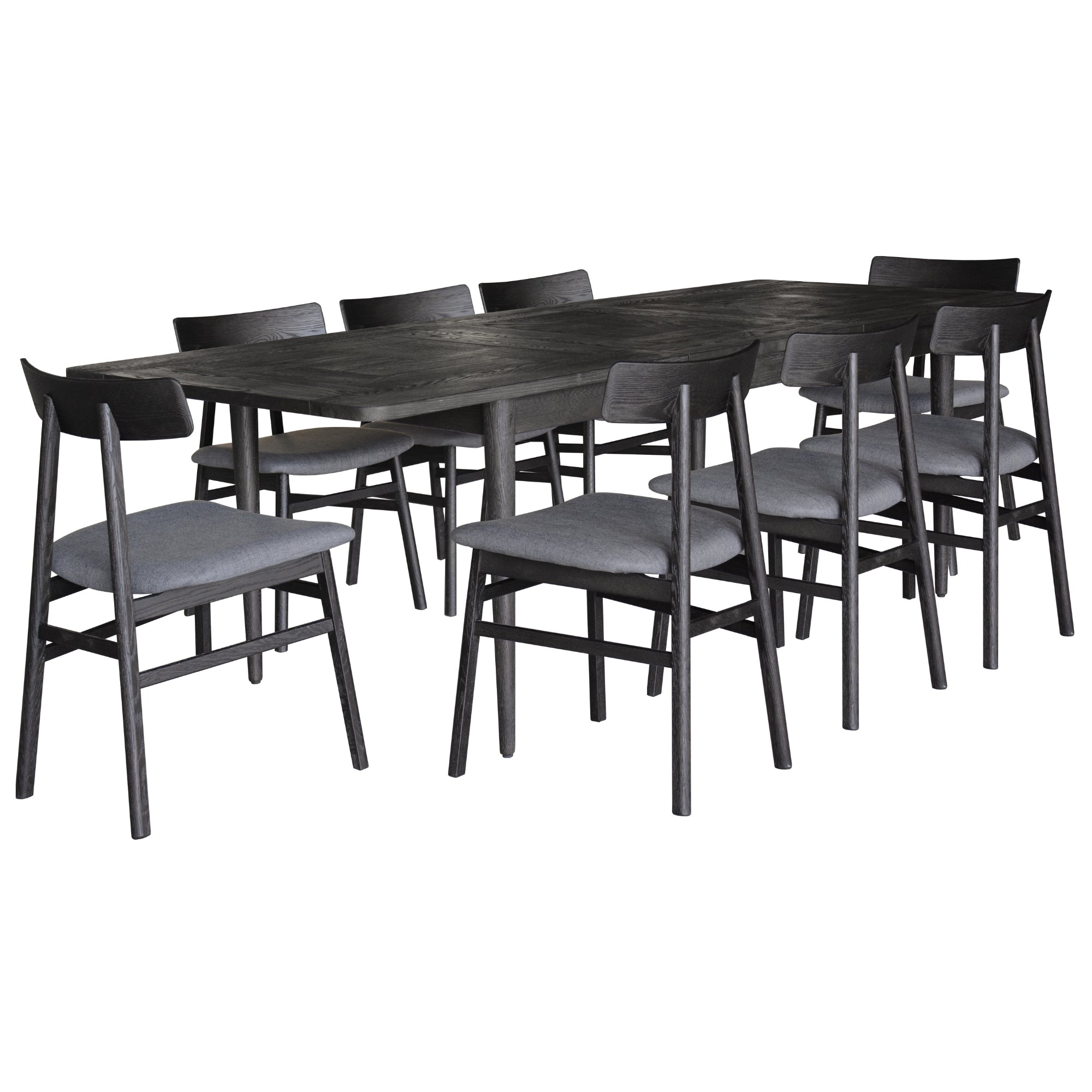 Extendable 9pc Dining Set, Solid Oak, Fabric Seat, Black
