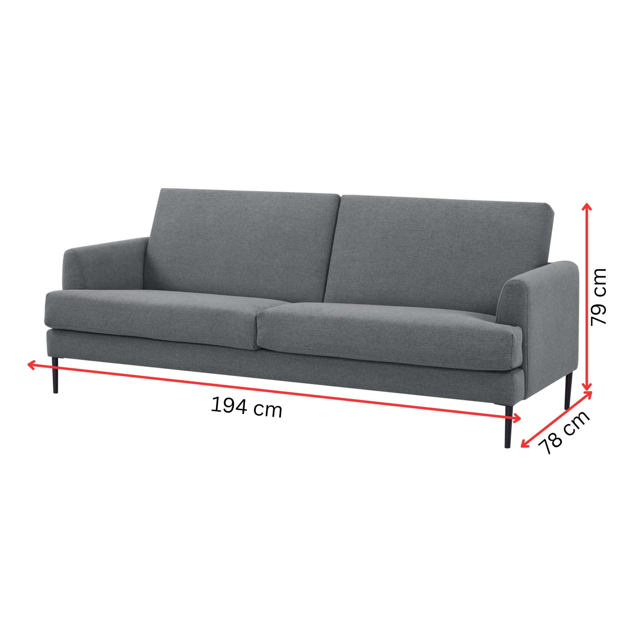 Mid Grey 3-Seater Fabric Sofa, Plush, Metal Legs