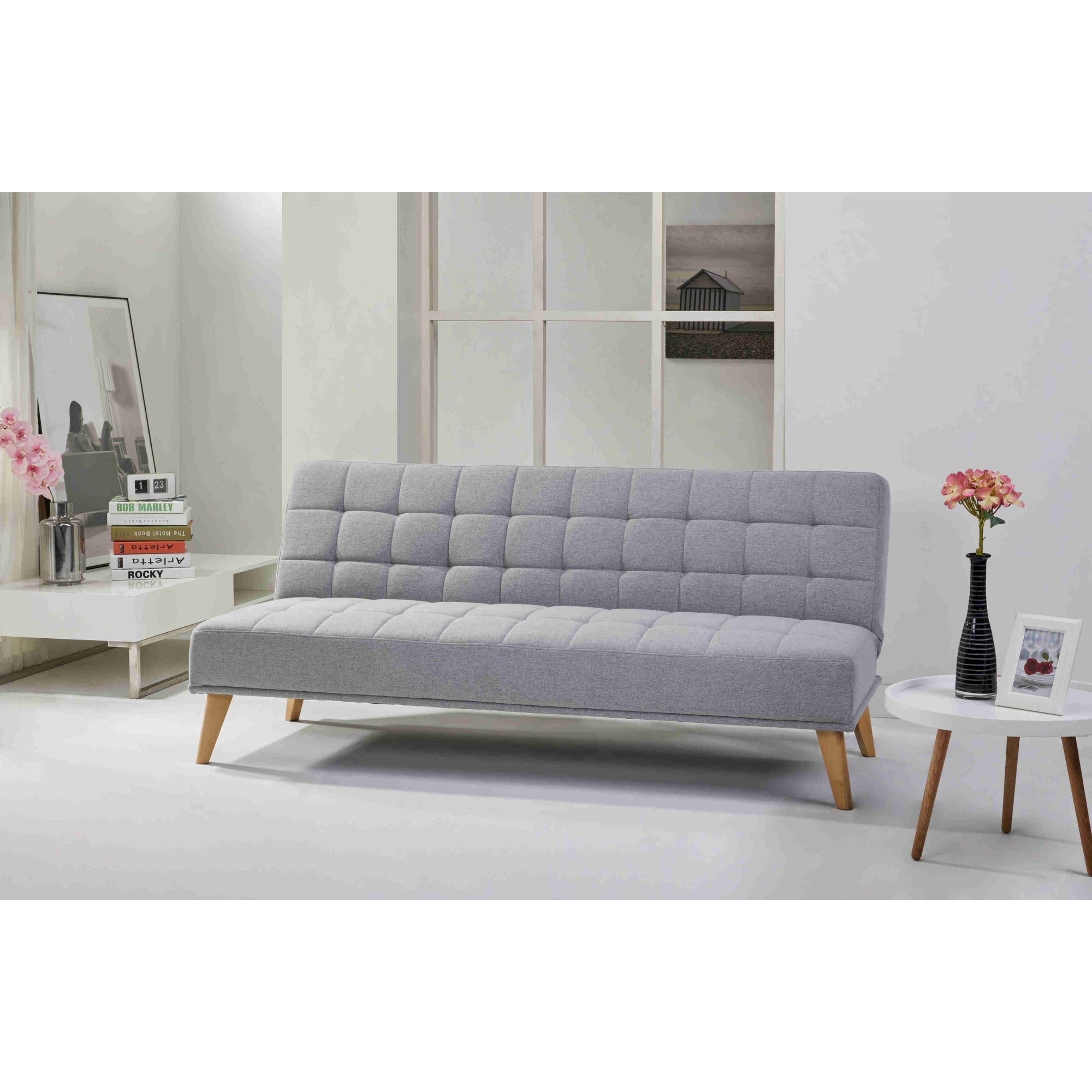 Grey 3 Seater Sofa Bed, Upholstered, Wooden Legs