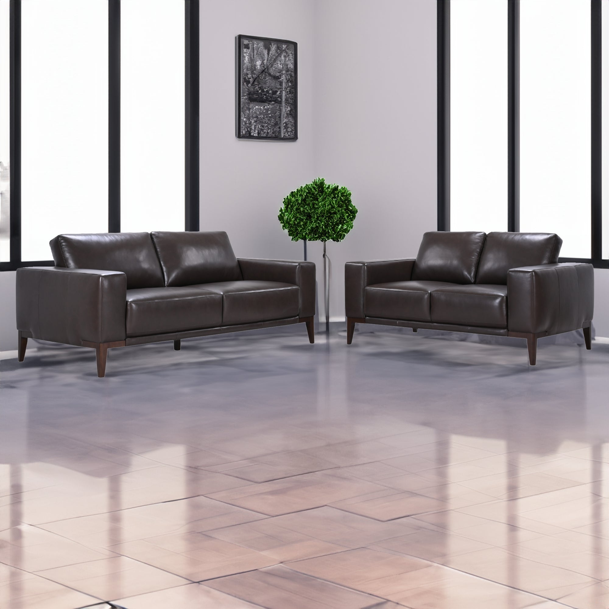 Modern 2-Seater Leather Sofa, Wide Arms, Brown Legs - Lorenzo