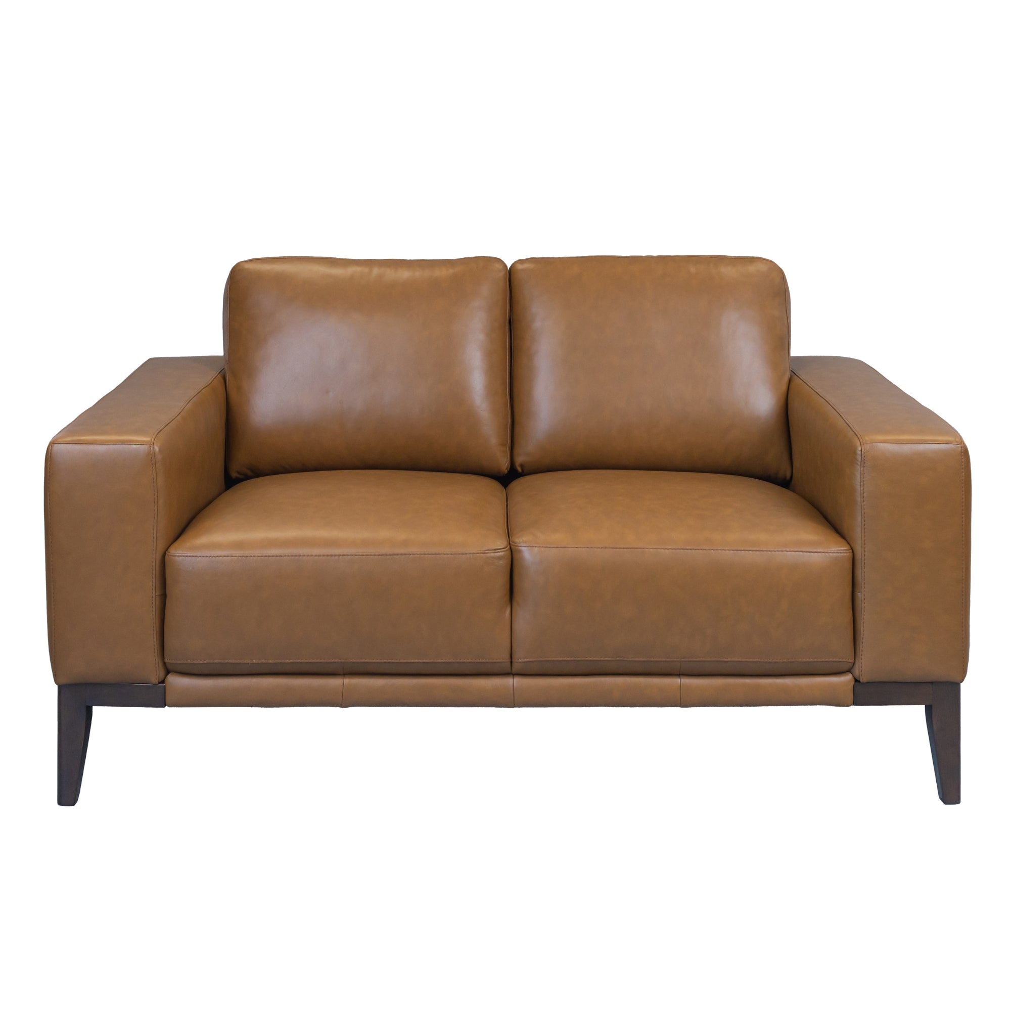 Tan Leather 2-Seater Sofa, Wide Arms, Modern Style