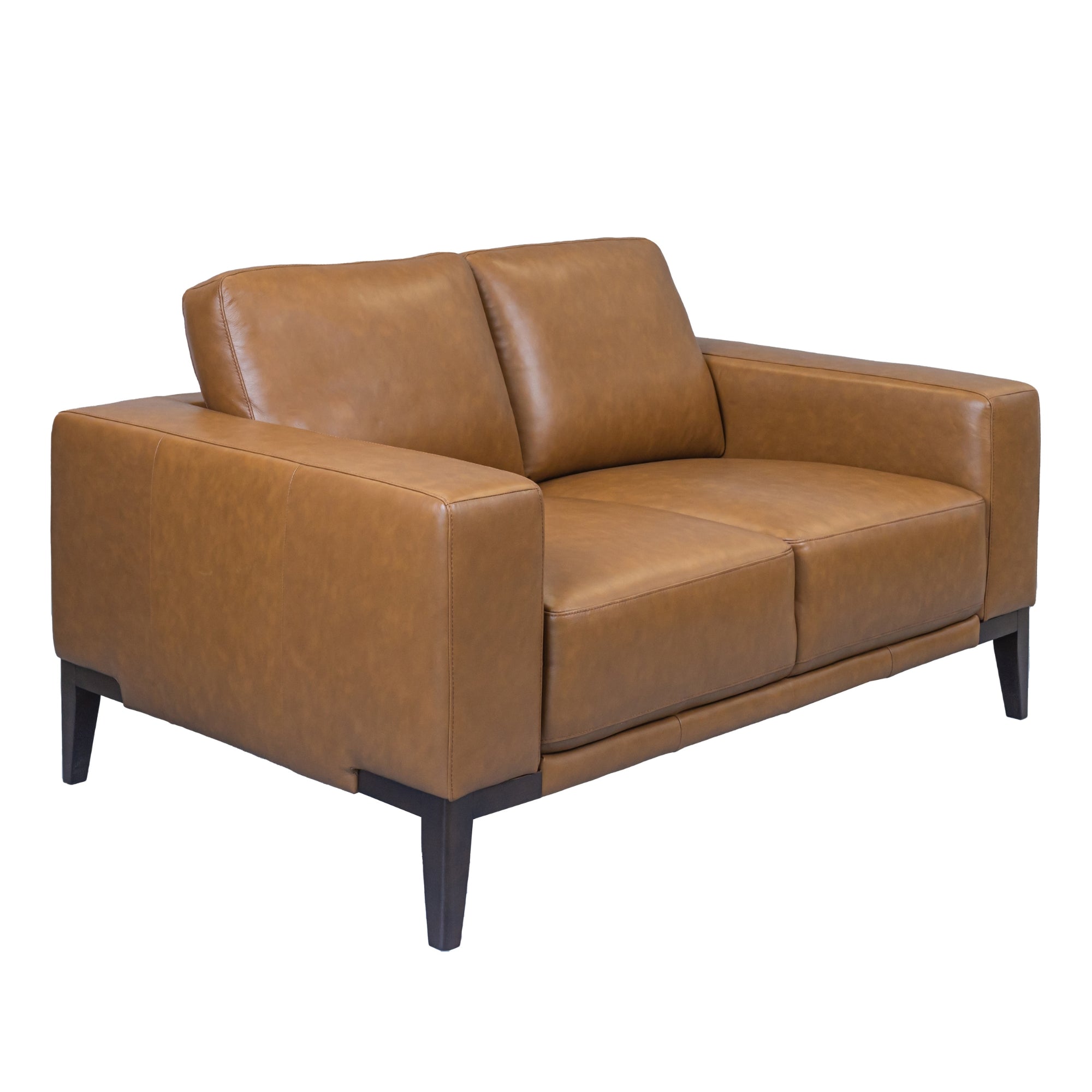 Tan Leather 2-Seater Sofa, Wide Arms, Modern Style