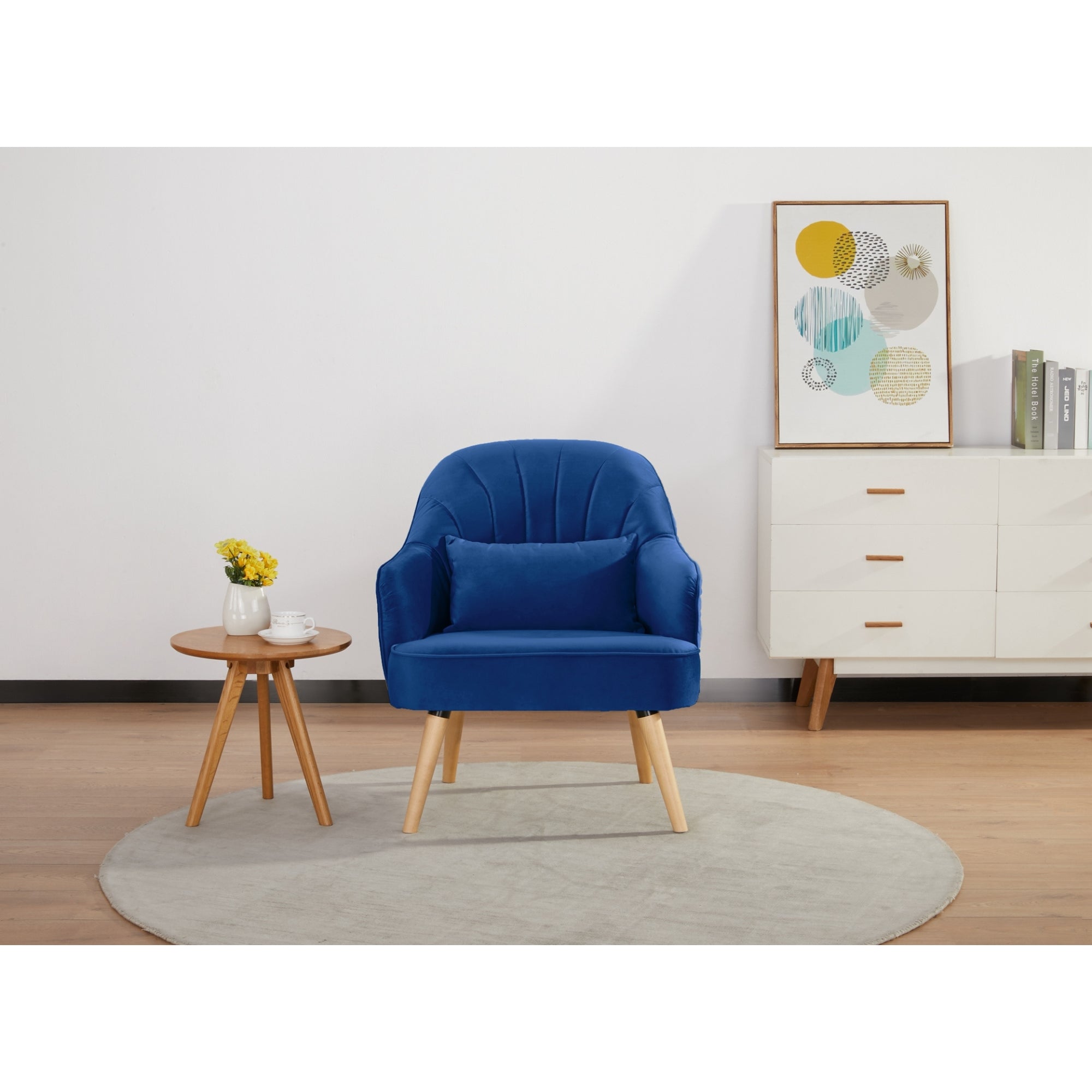 Dark Blue Upholstered Accent Arm Chair, Wooden Legs, Keira
