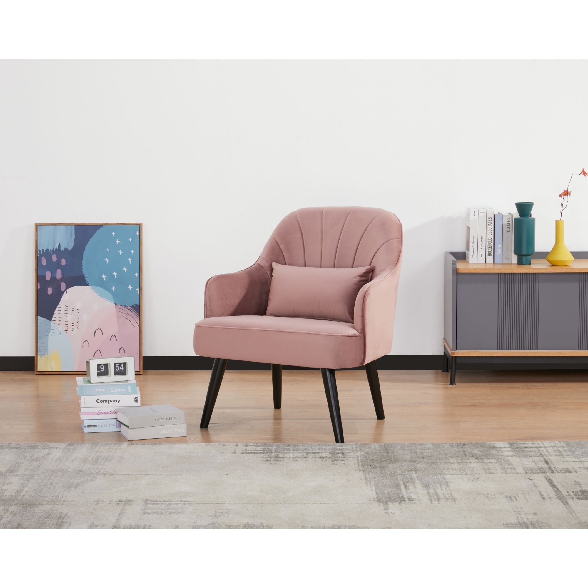 Pink Scandinavian Upholstered Accent Arm Chair, Pine Frame