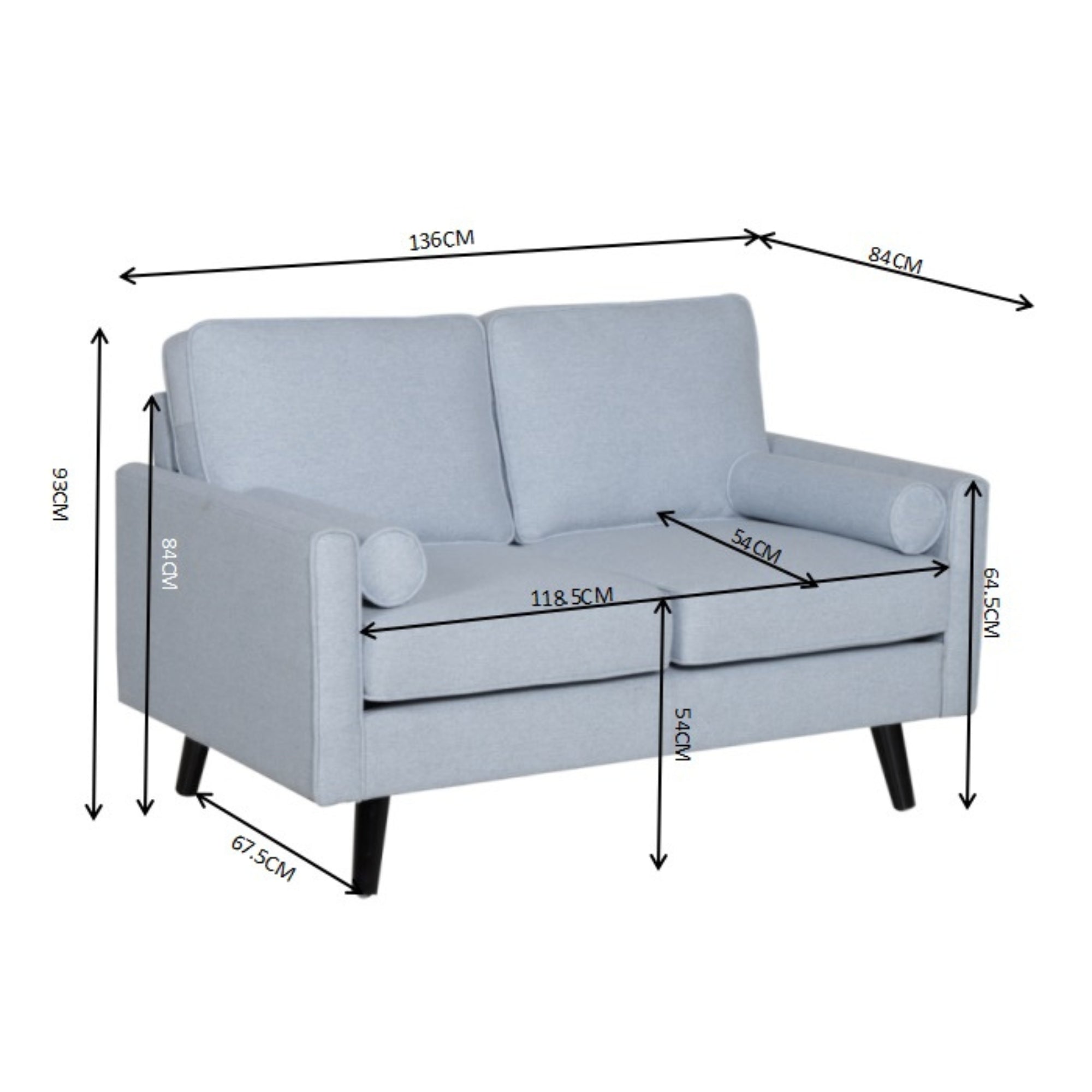 Plush 2-Seater Fabric Sofa, Light Blue, Compact, Scandinavian