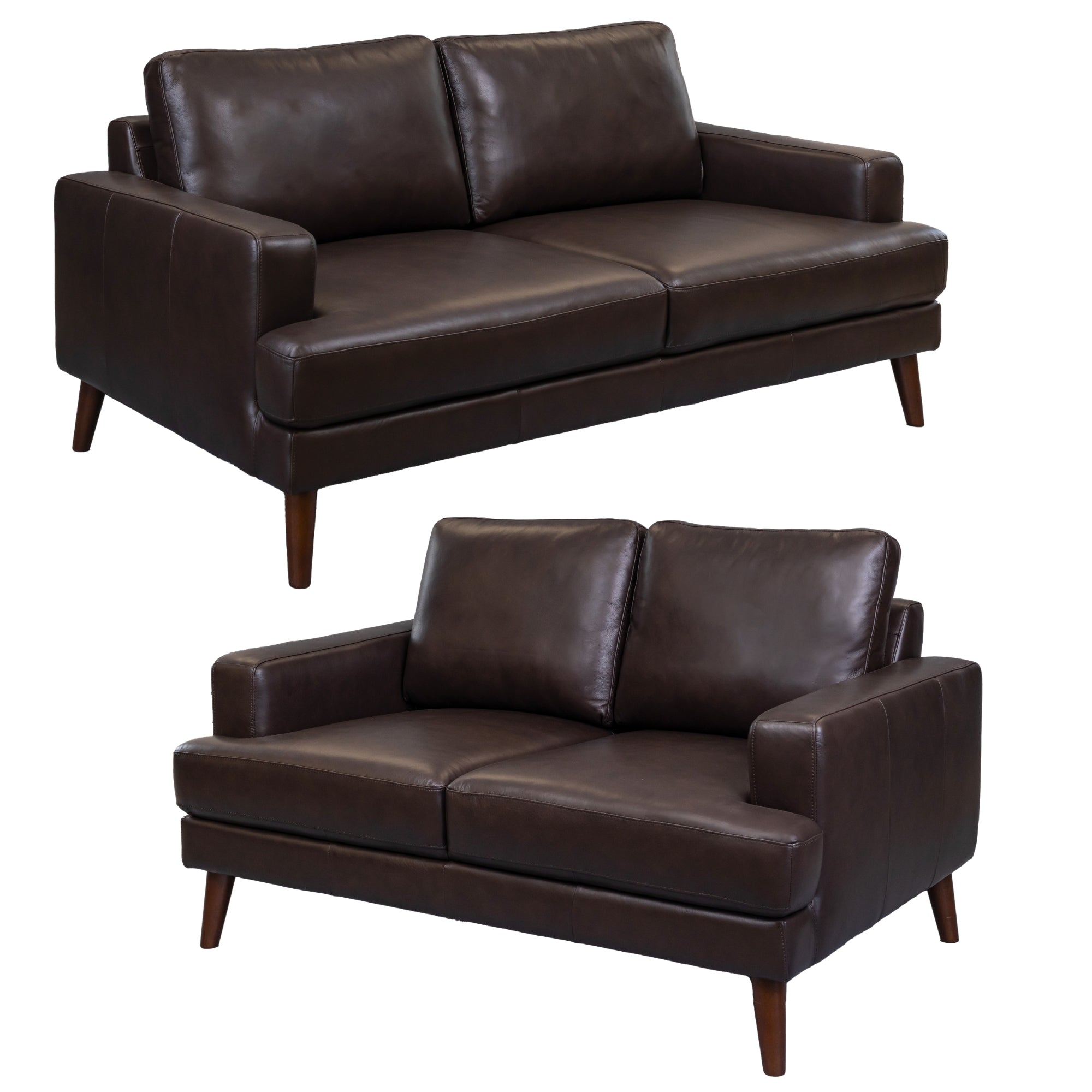 Modern Chocolate Leather 3+2 Seater Sofa Set with Rubberwood Legs