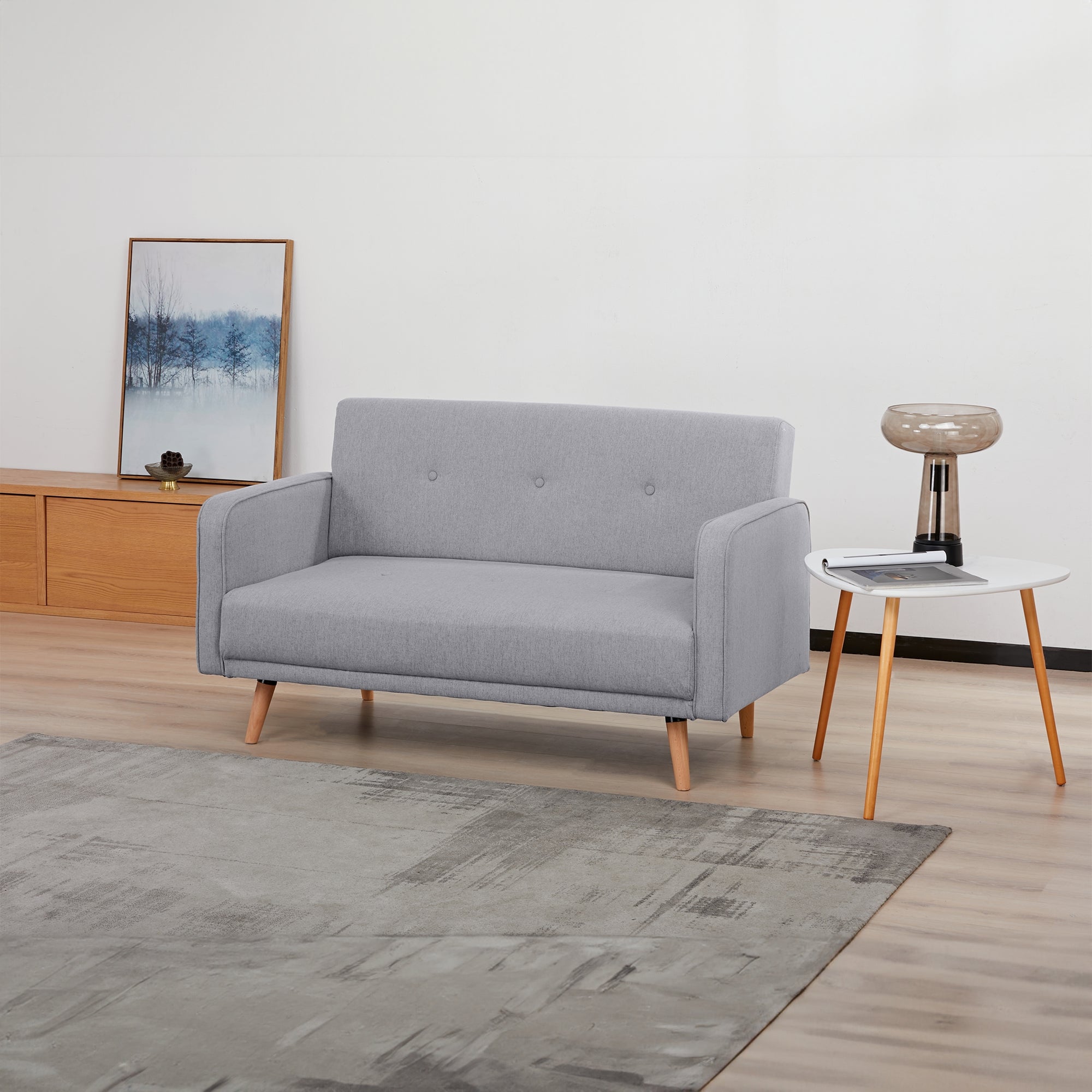 Grey 2-Seater Fabric Sofa with Wood Legs, Foam Support