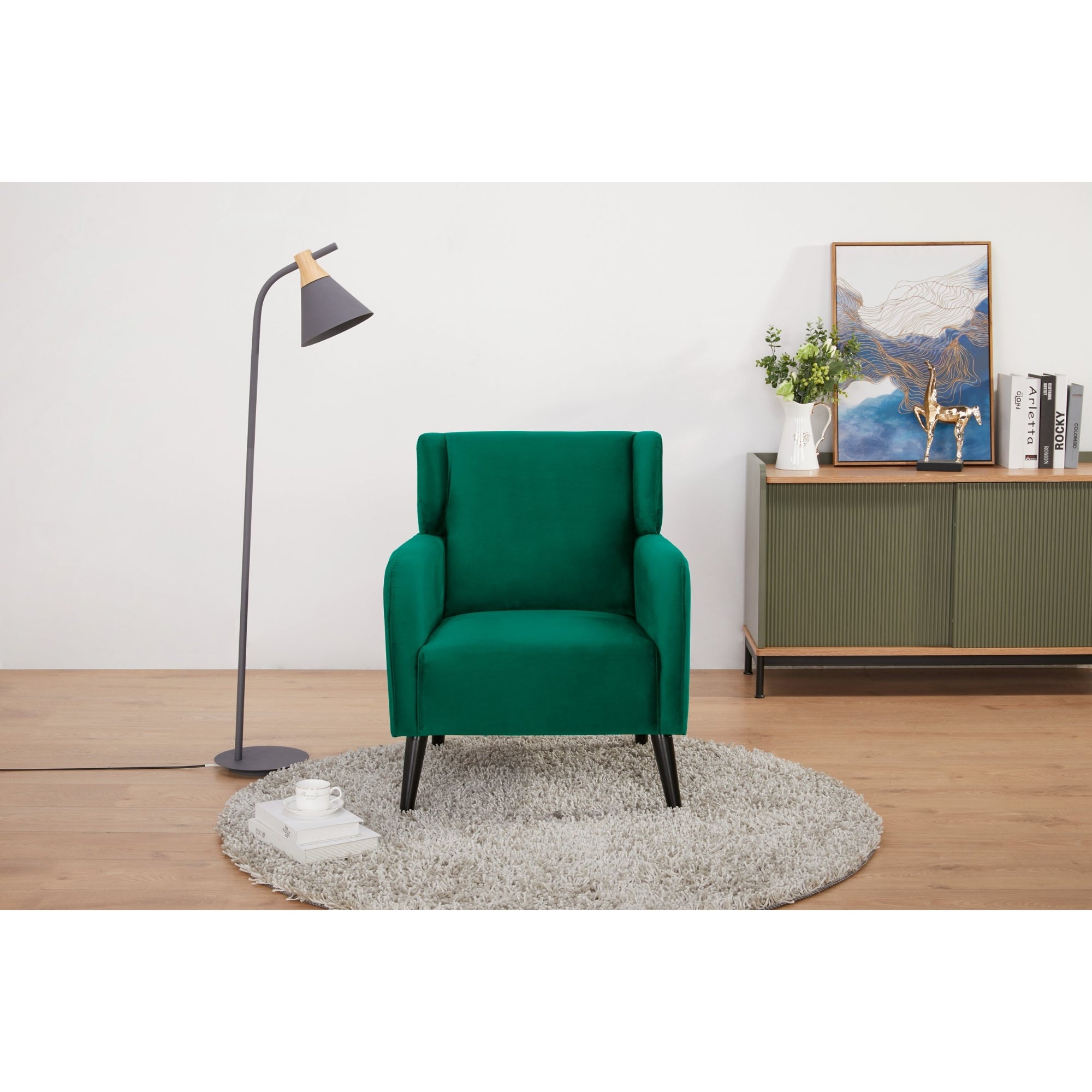 Scandinavian Green Fabric Arm Chair, Durable Pine Frame