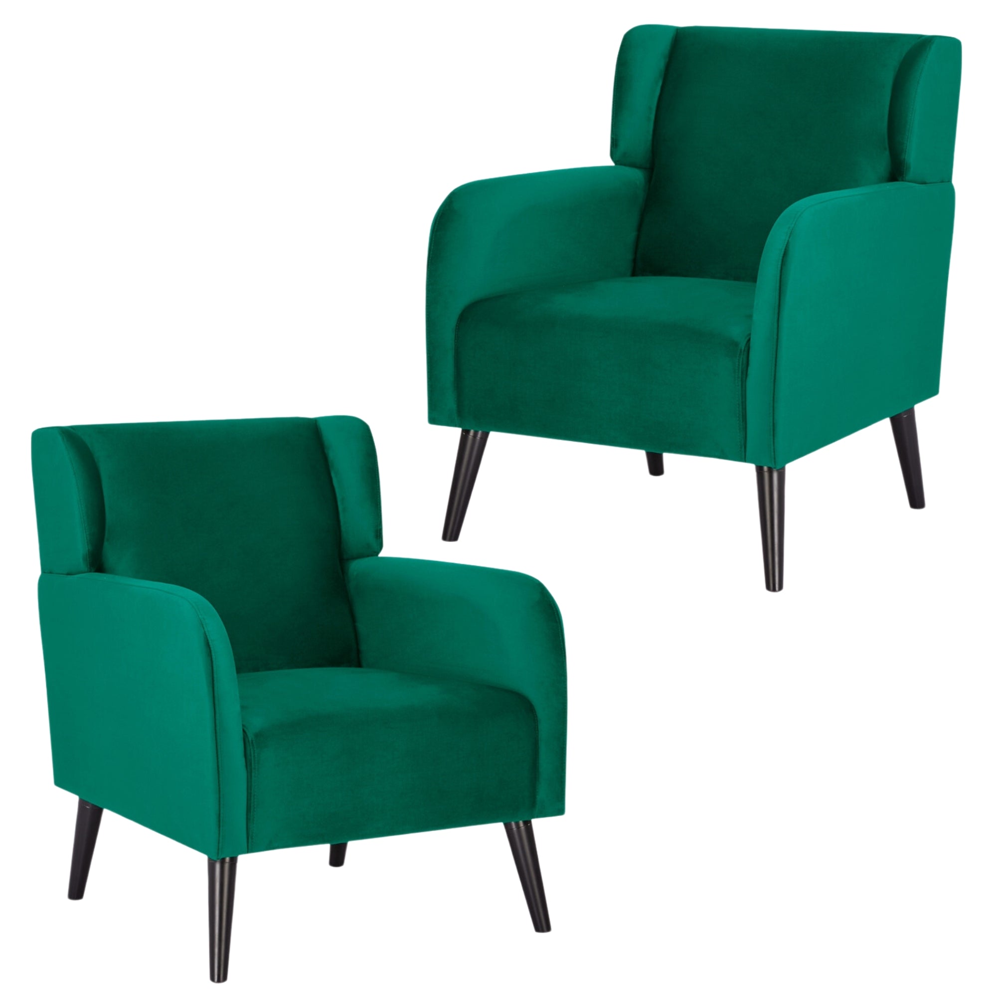 Plush Polyester Arm Chairs, Set of 2, Green, Wood Frame