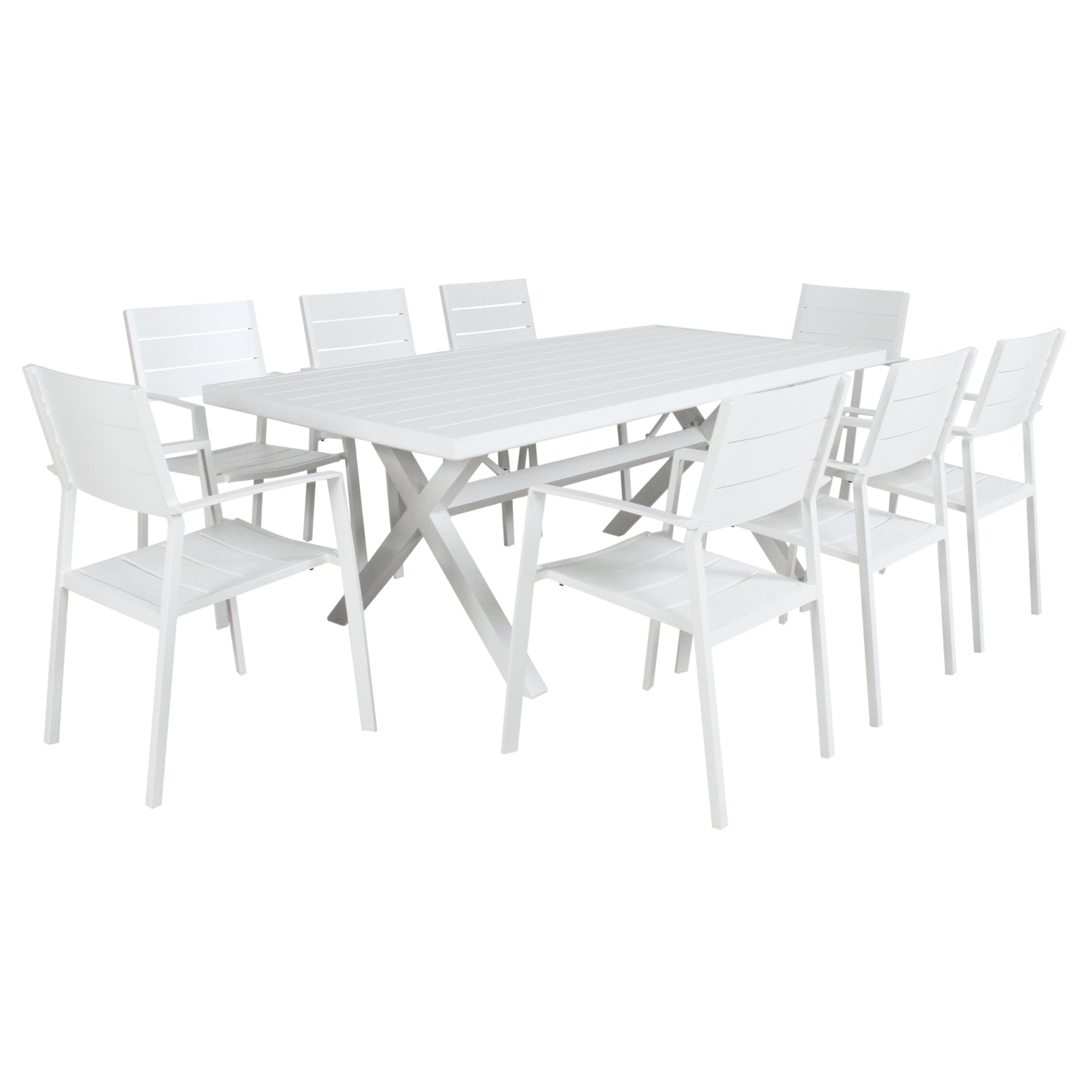 9pc Outdoor Aluminium Dining Set, Slatted Table, White