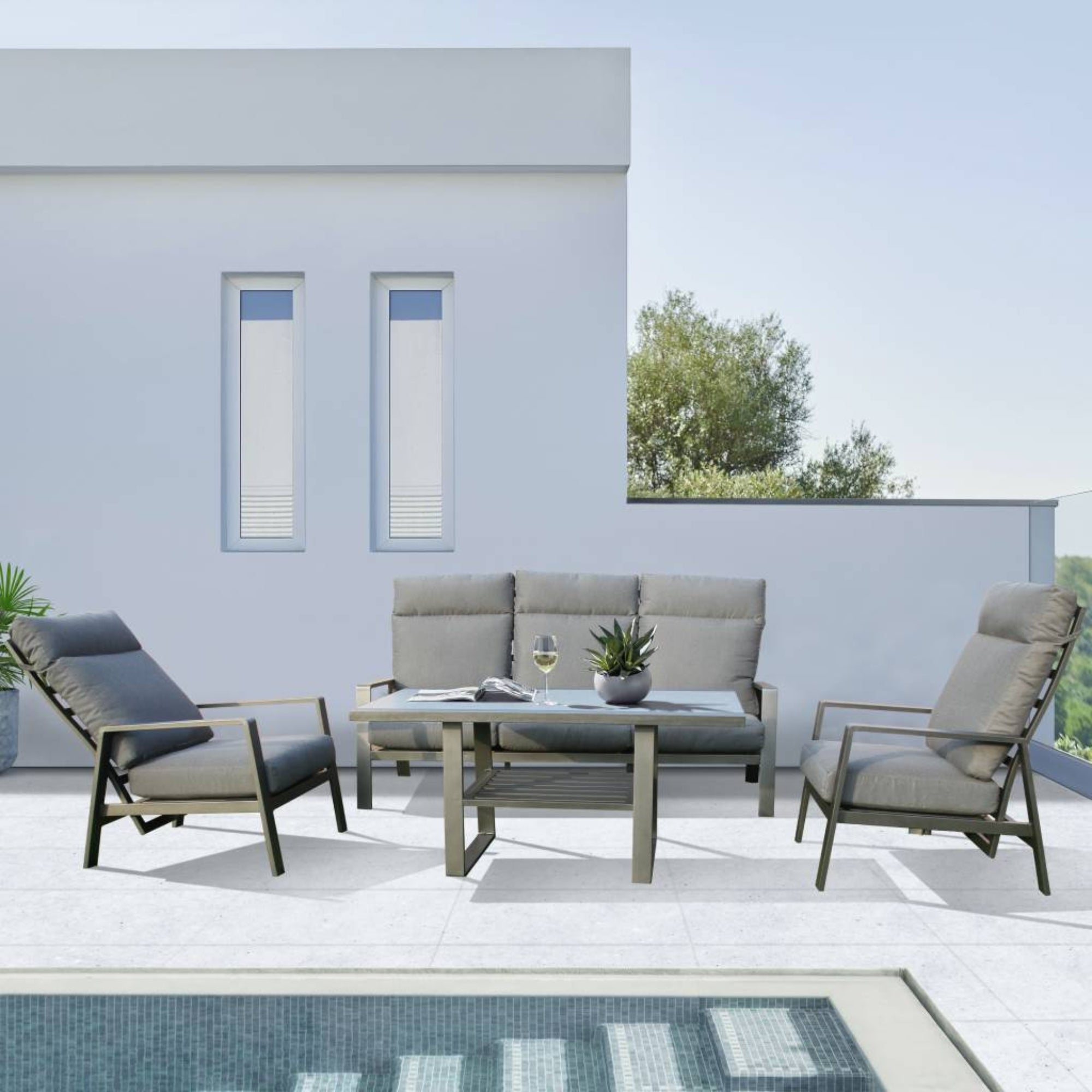 Outdoor 5-Seater Sofa Dining Set, Adjustable Armchairs, Pearl