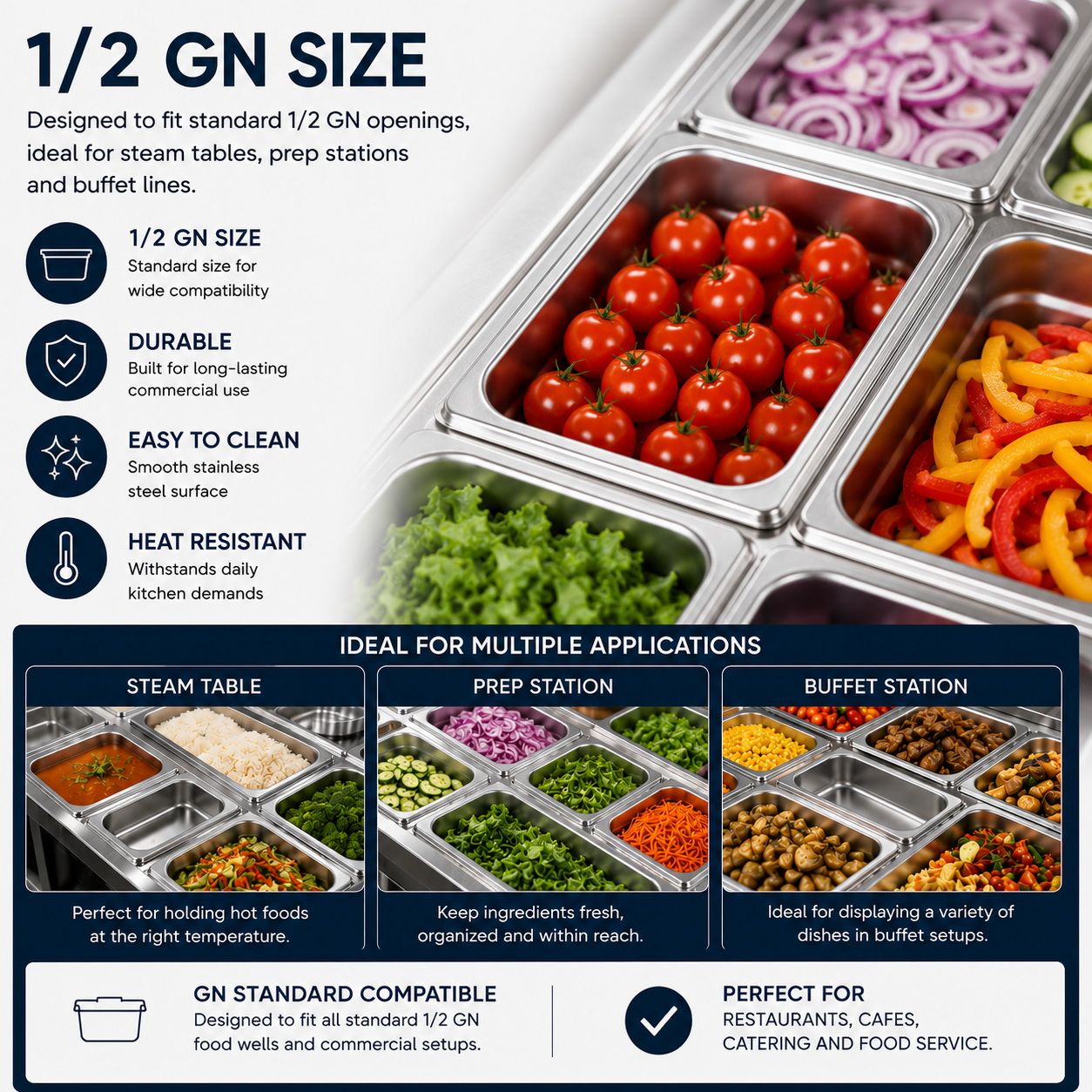 Commercial Stainless Steel GN 1/2 100mm Deep Gastronorm Bain Marie Buffet Steam Table Food Pan