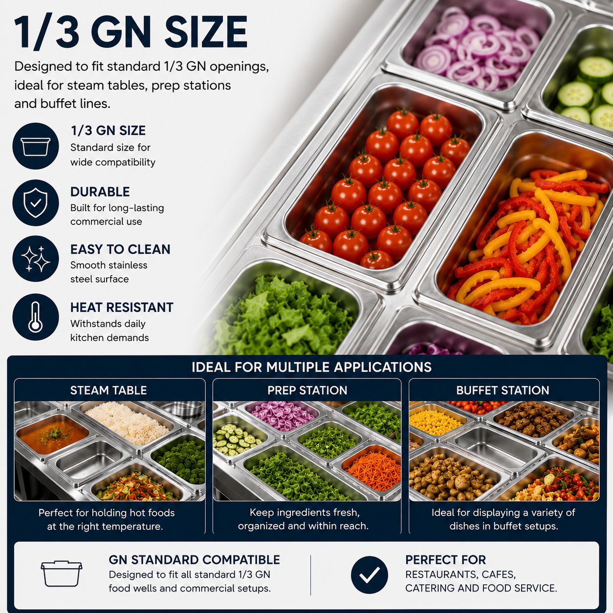 Commercial Stainless Steel GN 1/3 100mm Deep Gastronorm Bain Marie Buffet Steam Table Food Pan