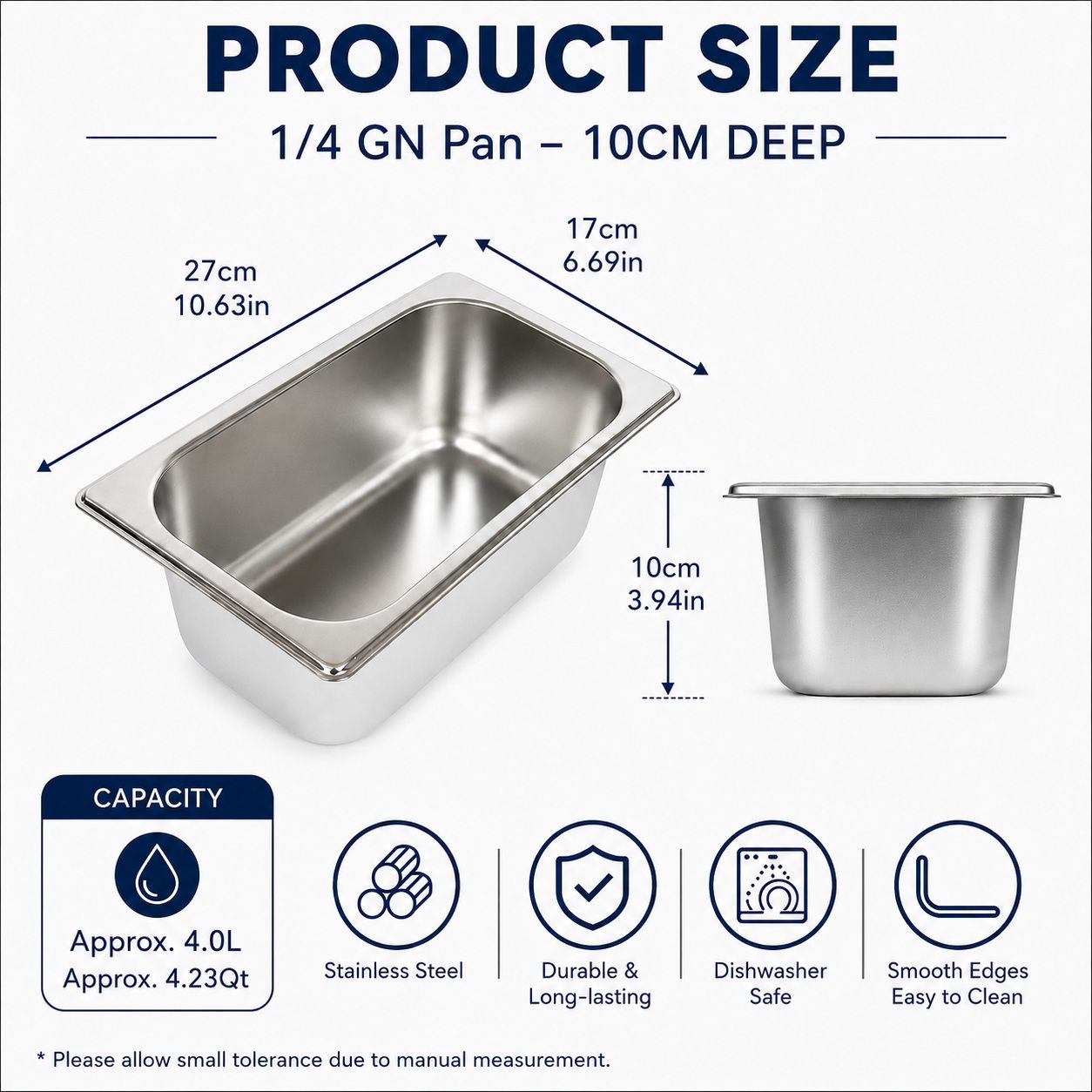 Commercial Stainless Steel GN 1/4 100mm Deep Gastronorm Bain Marie Buffet Steam Table Food Pan