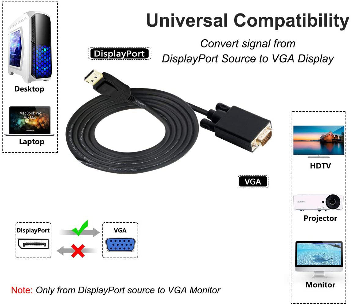 1.8M DisplayPort to VGA Cable Adapter 1080p, 1920x1200 HD