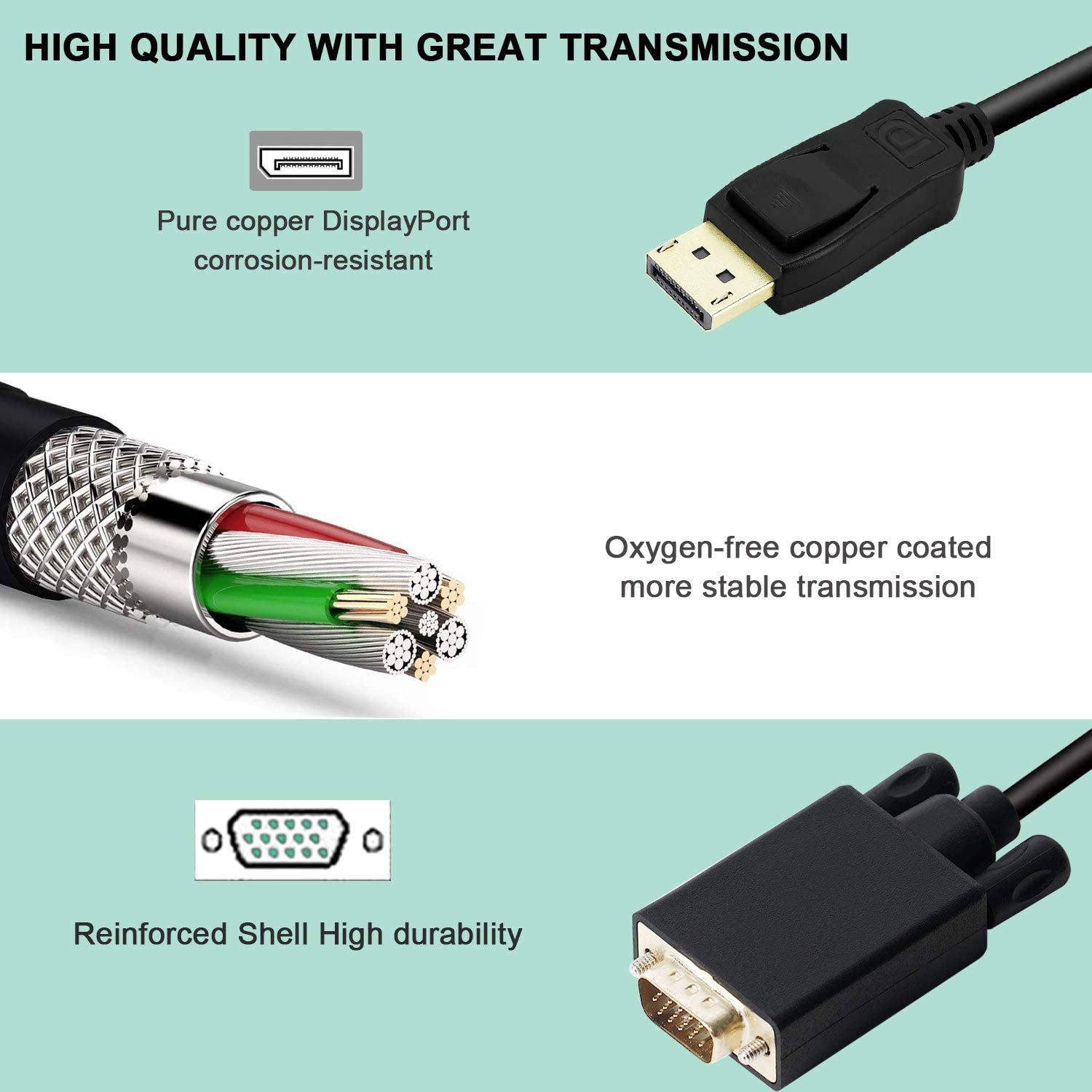 1.8M DisplayPort to VGA Cable Adapter 1080p, 1920x1200 HD