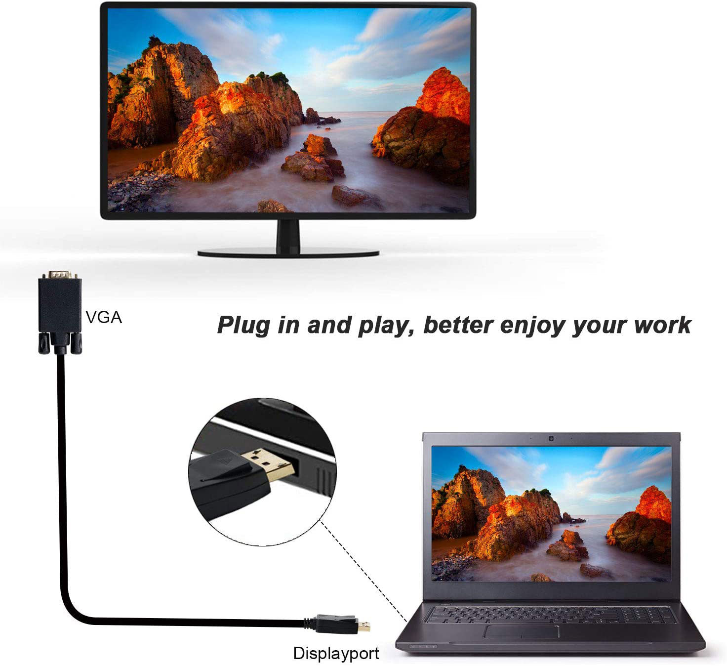 1.8M DisplayPort to VGA Cable Adapter 1080p, 1920x1200 HD