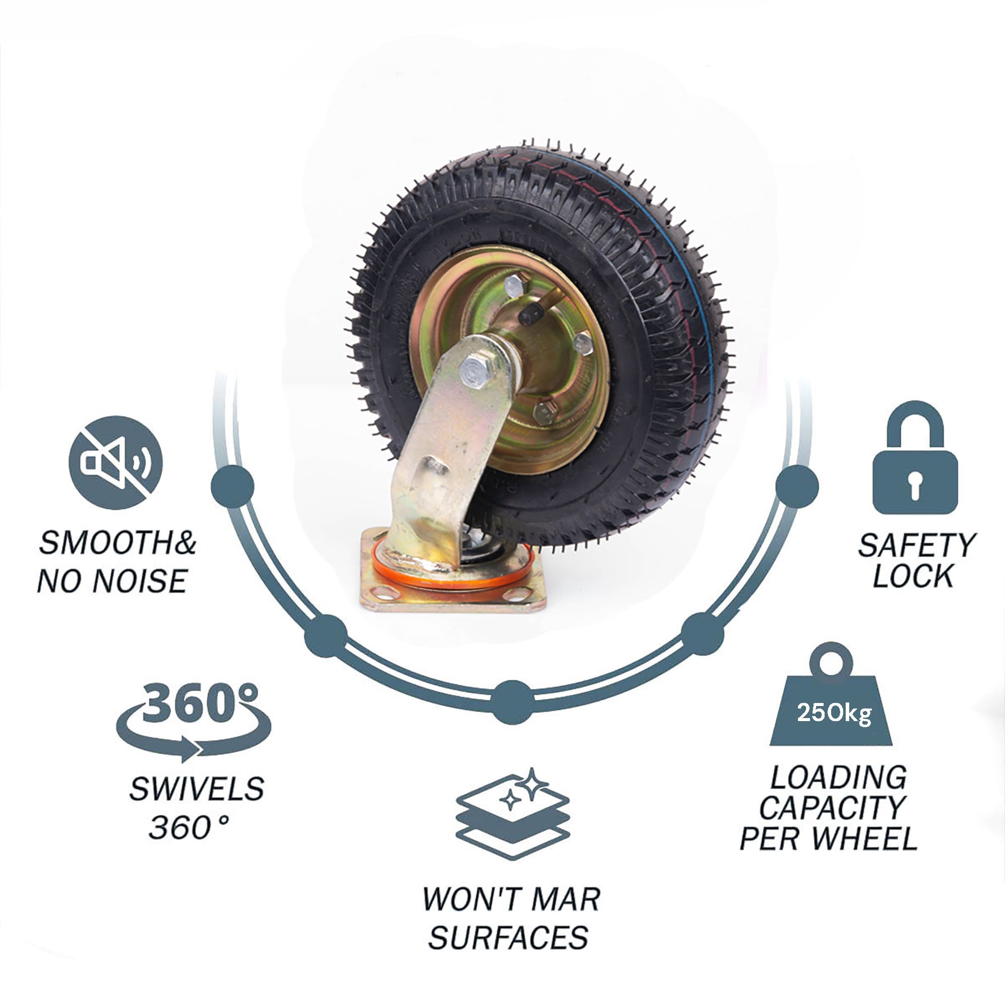 Heavy-Duty 8 Inch Swivel Pneumatic Tyre Wheels, 250KG Capacity