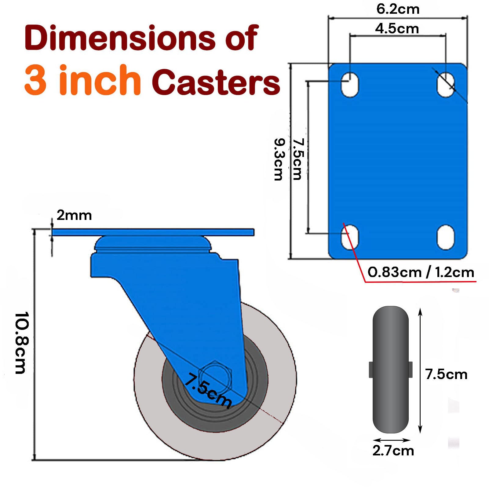 Heavy Duty 3" Swivel Caster Wheels with Brake, Zinc Steel