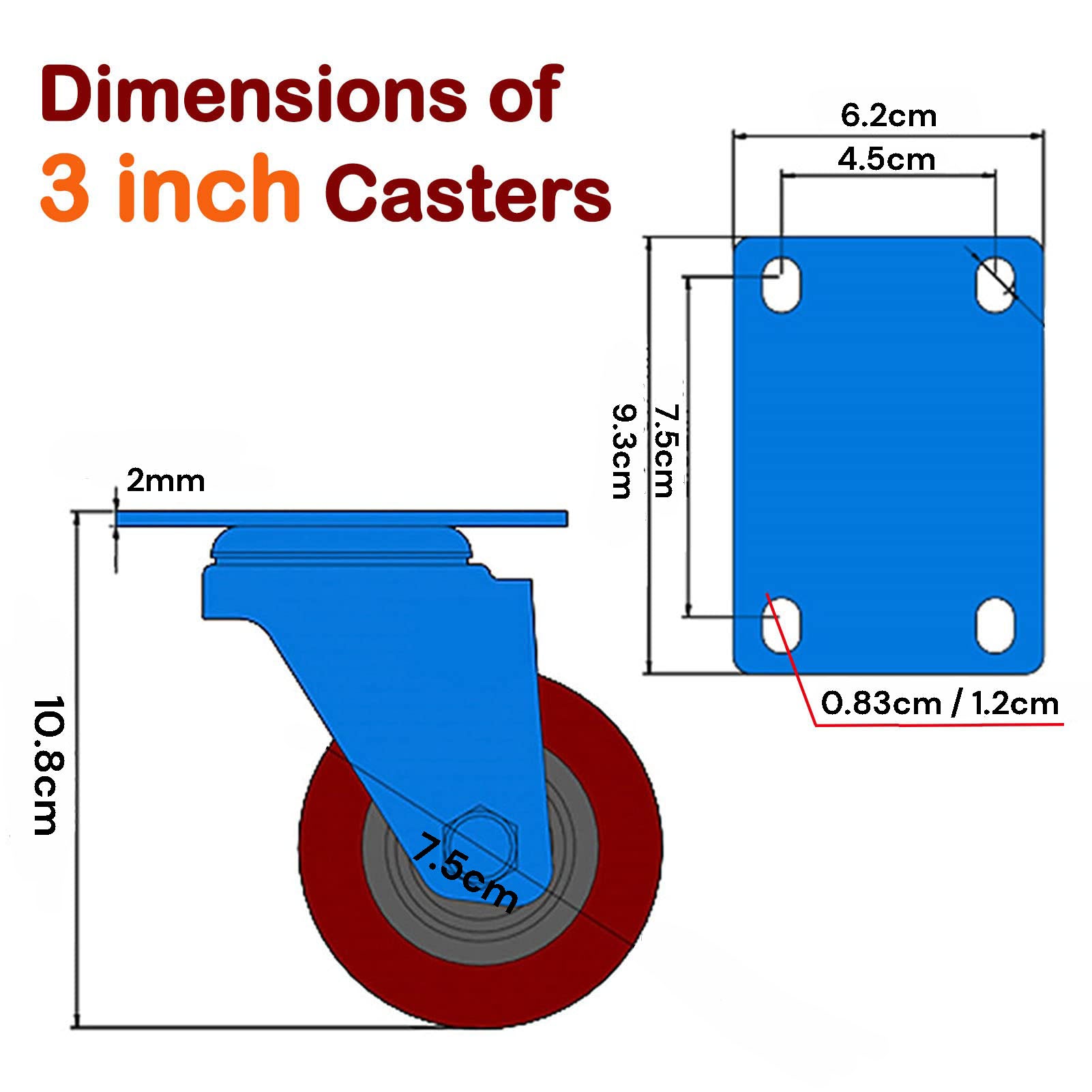 Heavy Duty 3" Swivel Caster Wheels with Brake, Non-Marring