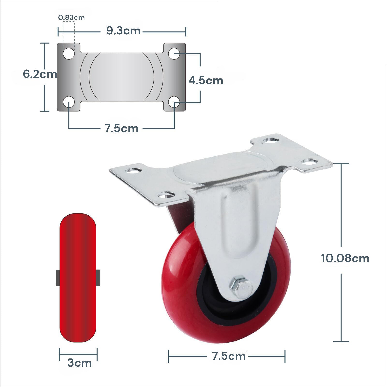 Heavy Duty 3" Fixed Caster Wheels, Polyurethane, 75kg Capacity