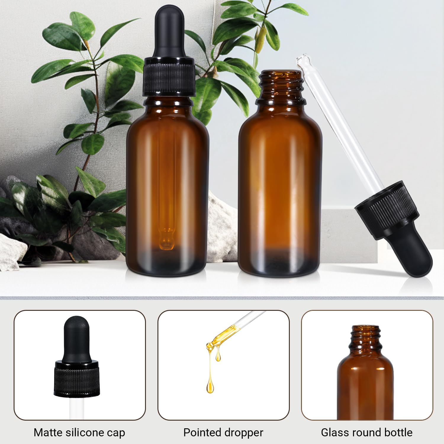 30ml Leakproof Amber Glass Dropper Bottles (5 Pack) for Essential Oils