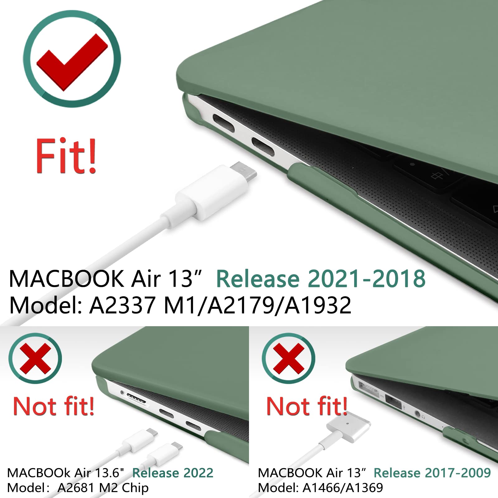 Suitable for MacBook Air 13 Inch Case 2022 2021 2020 2019 2018, A1932, A2179, A2337 Shell Case Keyboard Cover Dark Green