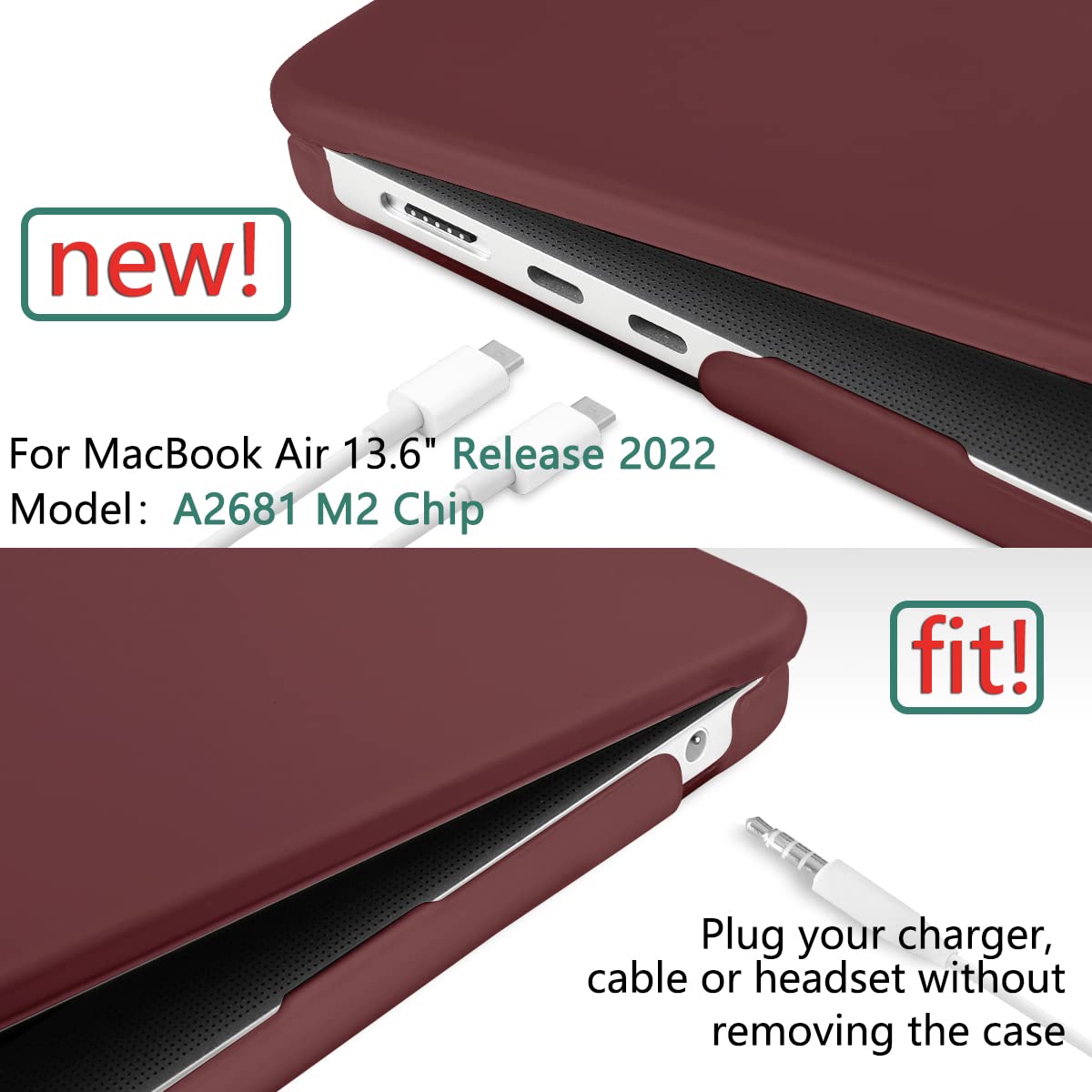 Suitable for 2023 2022 MacBook Air 13 inch case M2 Model A2681 Hard Shell Case Keyboard Cover Wine Red