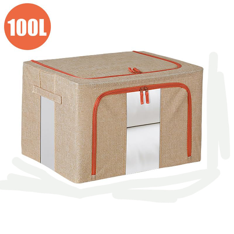 100L Linen Cloth Storage Bin, Foldable with Metal Frame