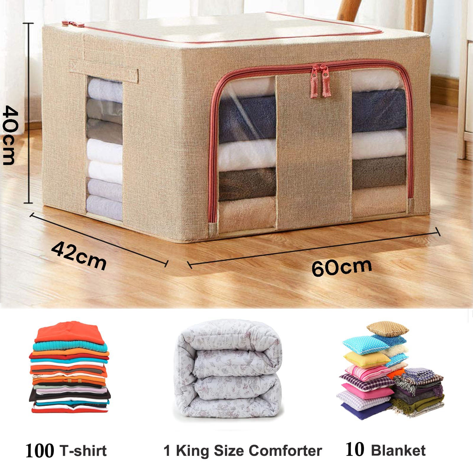 100L Linen Cloth Storage Bin, Foldable with Metal Frame