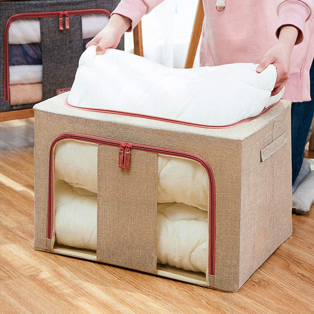 100L Linen Cloth Storage Bin, Foldable with Metal Frame