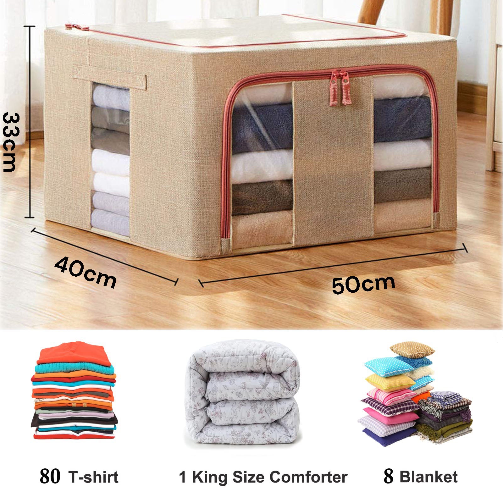 66L Linen Storage Box with Metal Frame, Closet Organizer