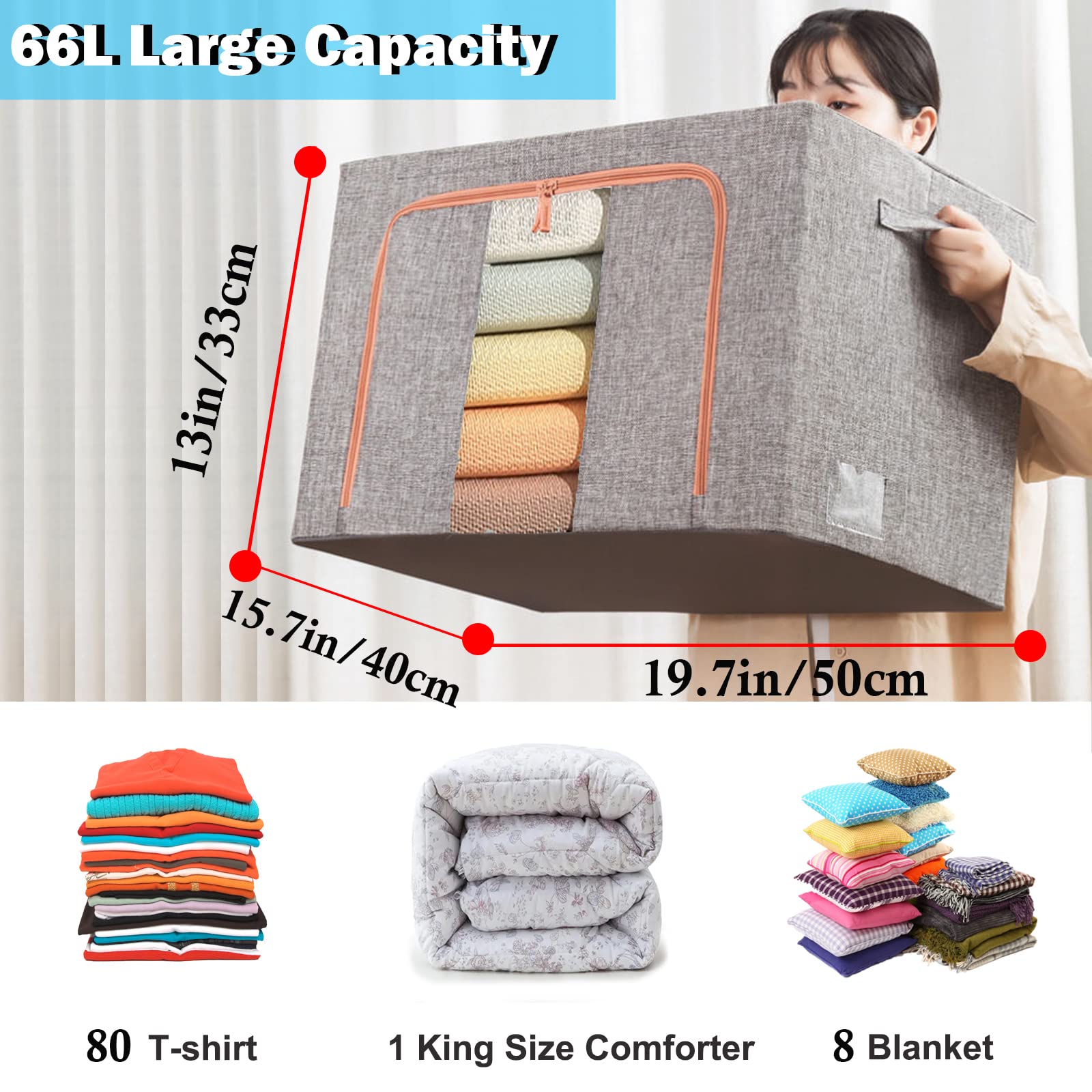 66L Cloth Storage Box Closet Organizer Storage Bags Clothes Storage Bags Wardrobe Organizer Idea Grey