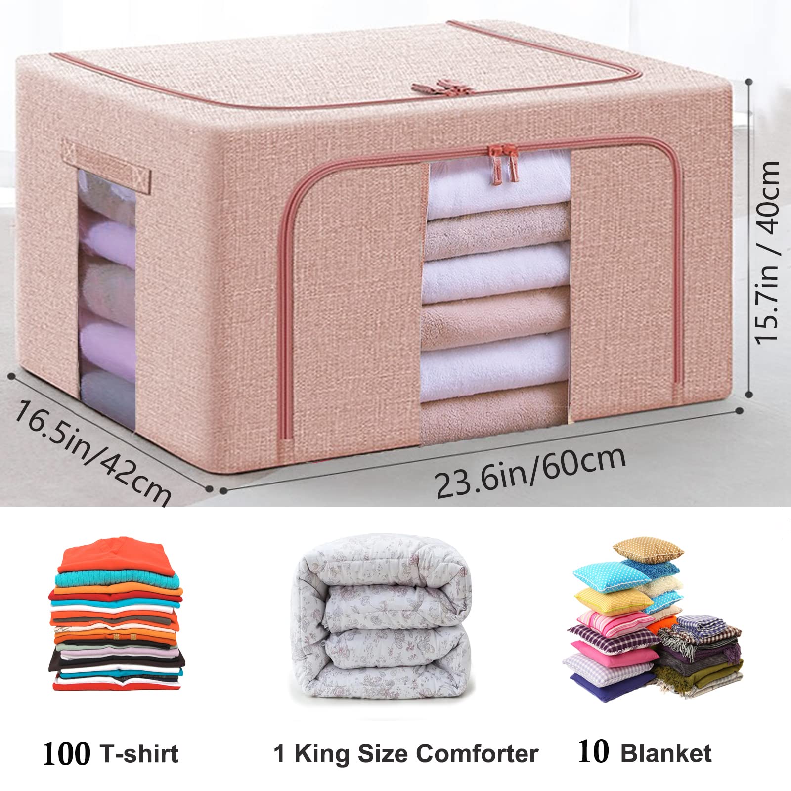 100L Pink Linen Storage Box with Metal Frame