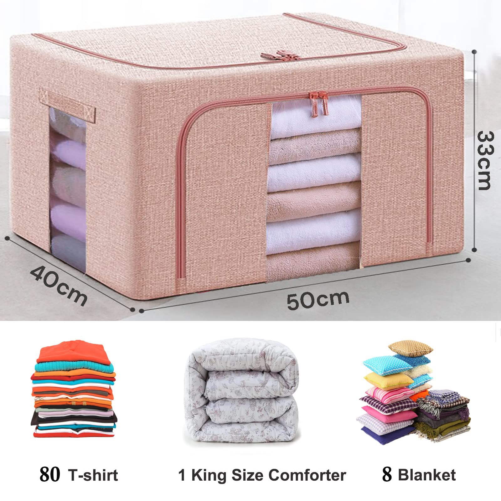 66L Linen Cloth Storage Box with Metal Frame - Pink