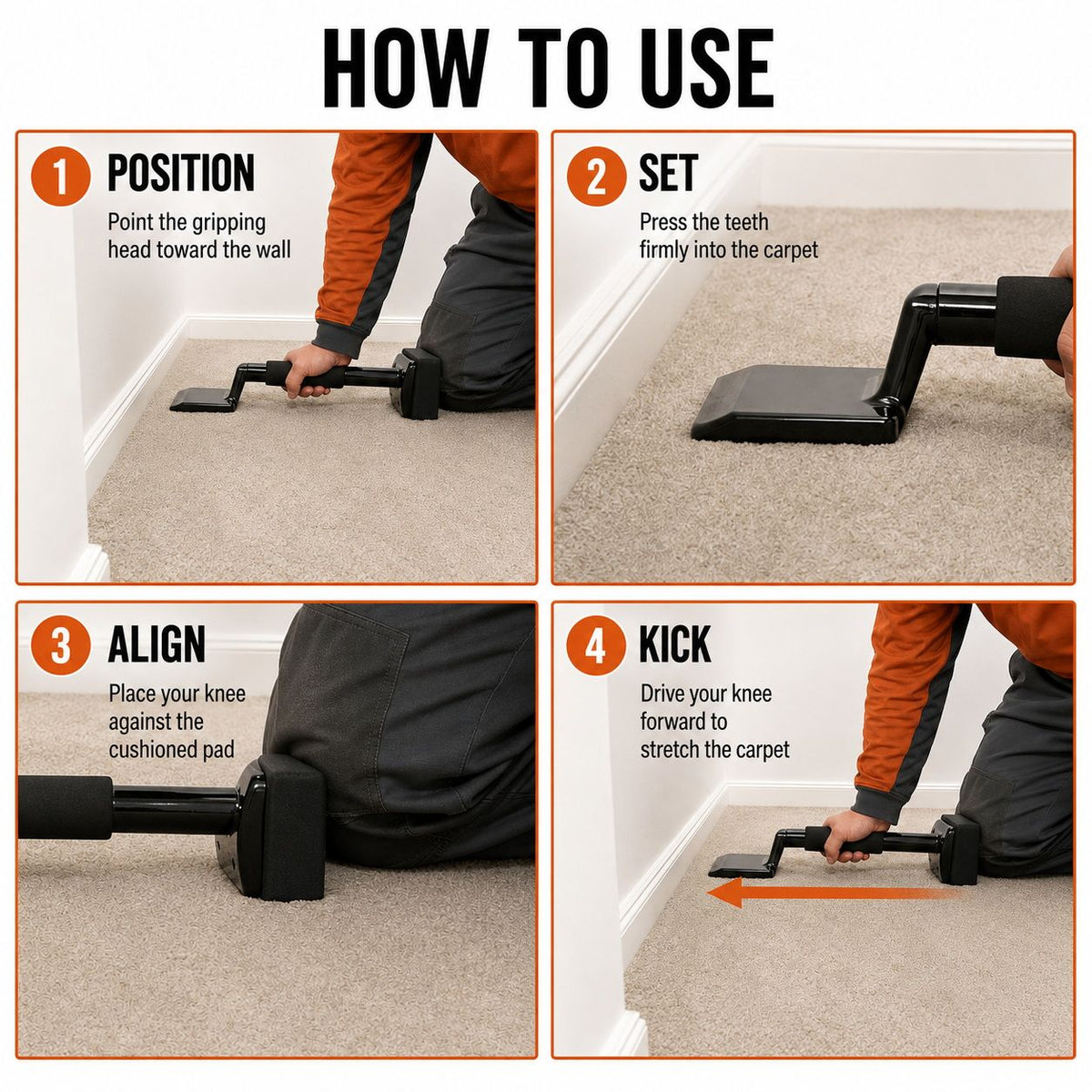 Carpet Knee Kicker Installation Tool with Steel Gripping Teeth & Foam Handle