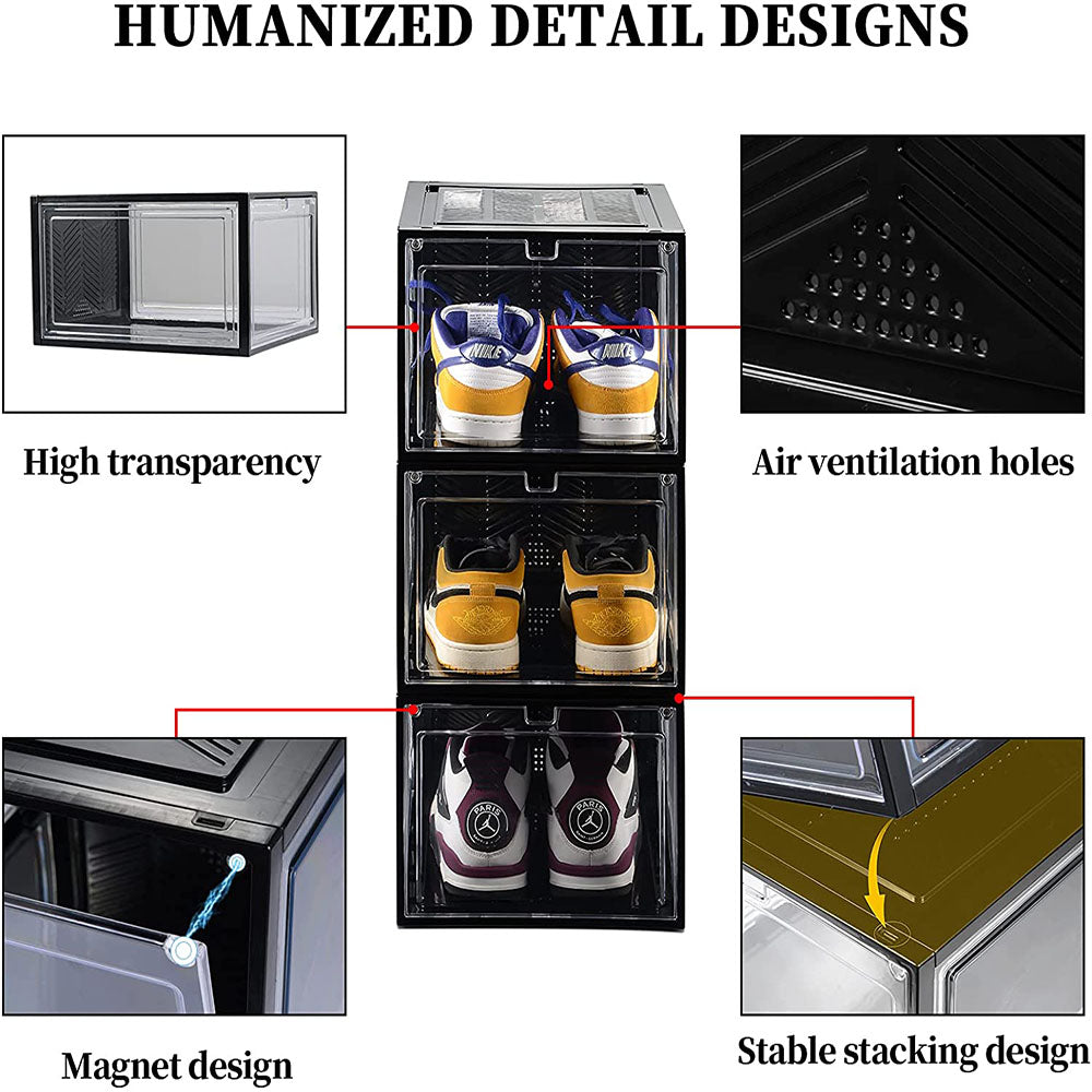 Stackable Large Shoe Storage Boxes with Magnetic Door, 6x Set