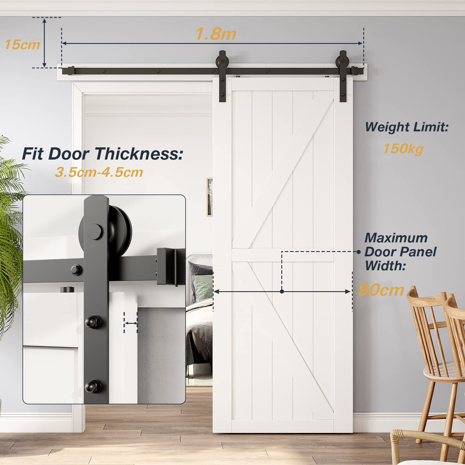 Heavy Duty Sliding Barn Door Hardware Kit, 1.8m, Carbon Steel