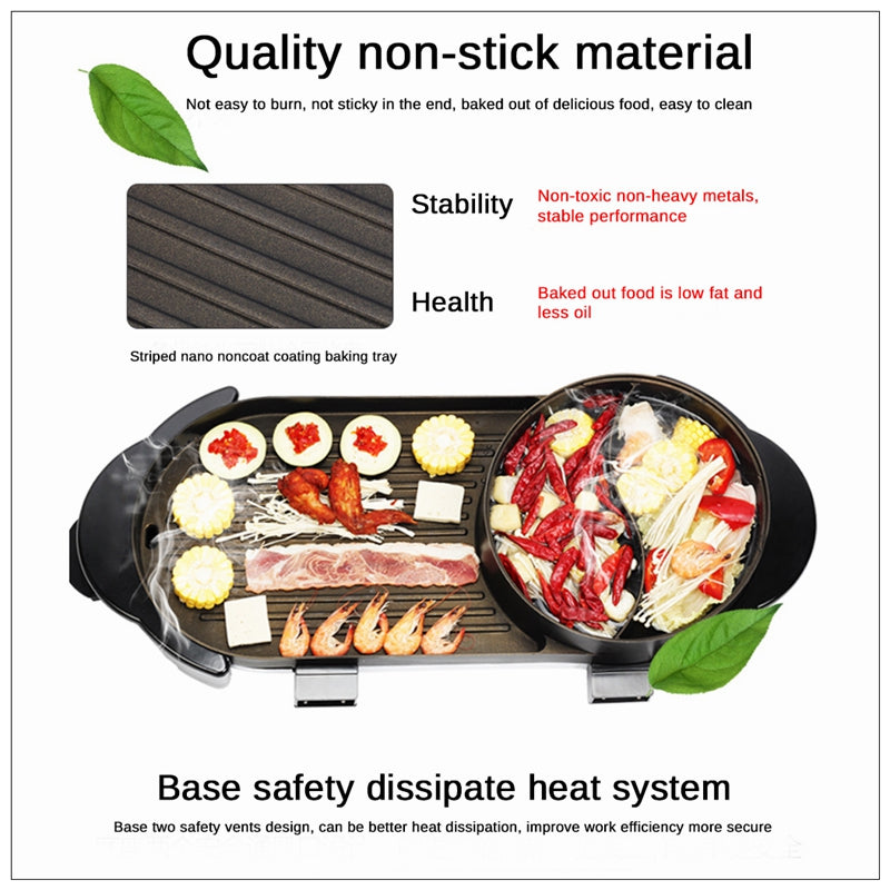 Non-Stick Electric Grill & Hot Pot, 1500W, 5 Temp Levels