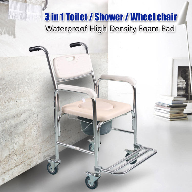 3-in-1 Rolling Wheelchair Commode Shower Chair, 5.7L Bucket